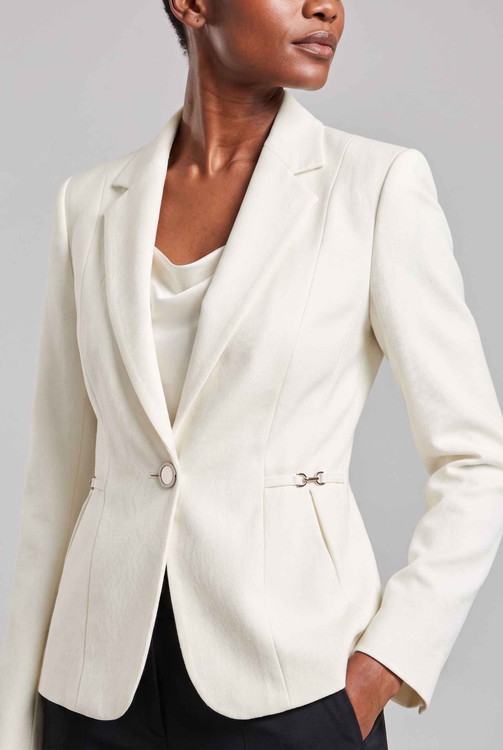 Virtual Model wearing The Victoria Tailored Blazer Slim-Fit Single-Button Off White Tailored Blazer