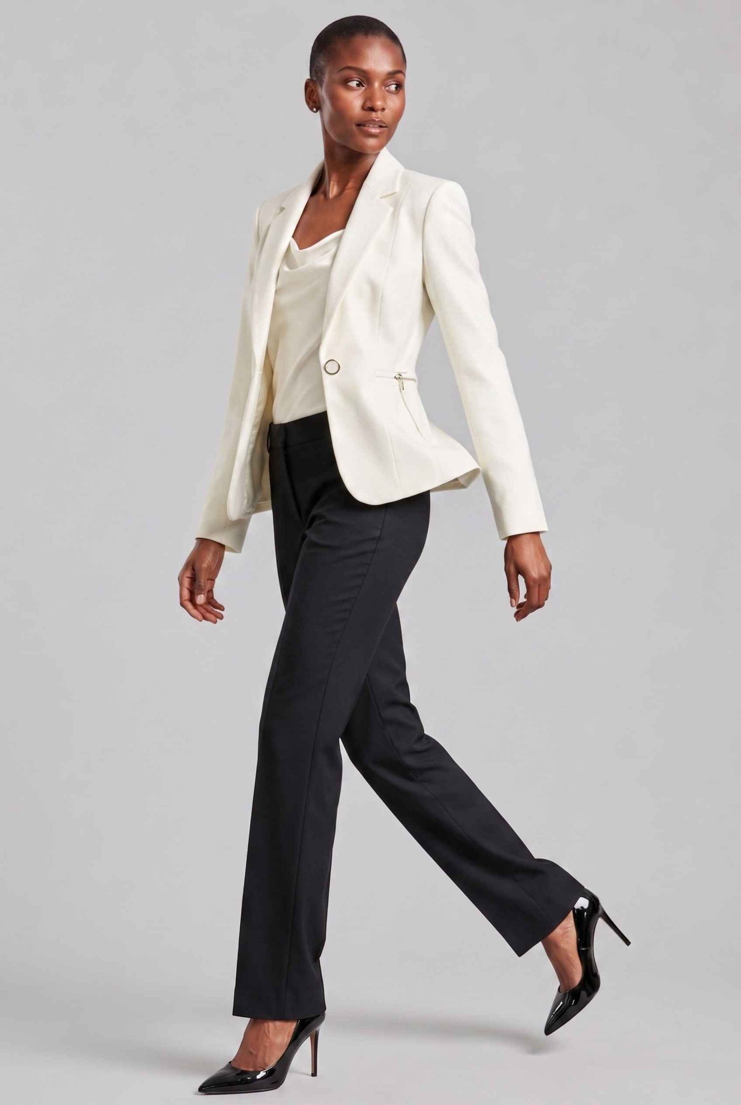 Virtual Model wearing The Victoria Tailored Blazer Slim-Fit Single-Button Off White Tailored Blazer