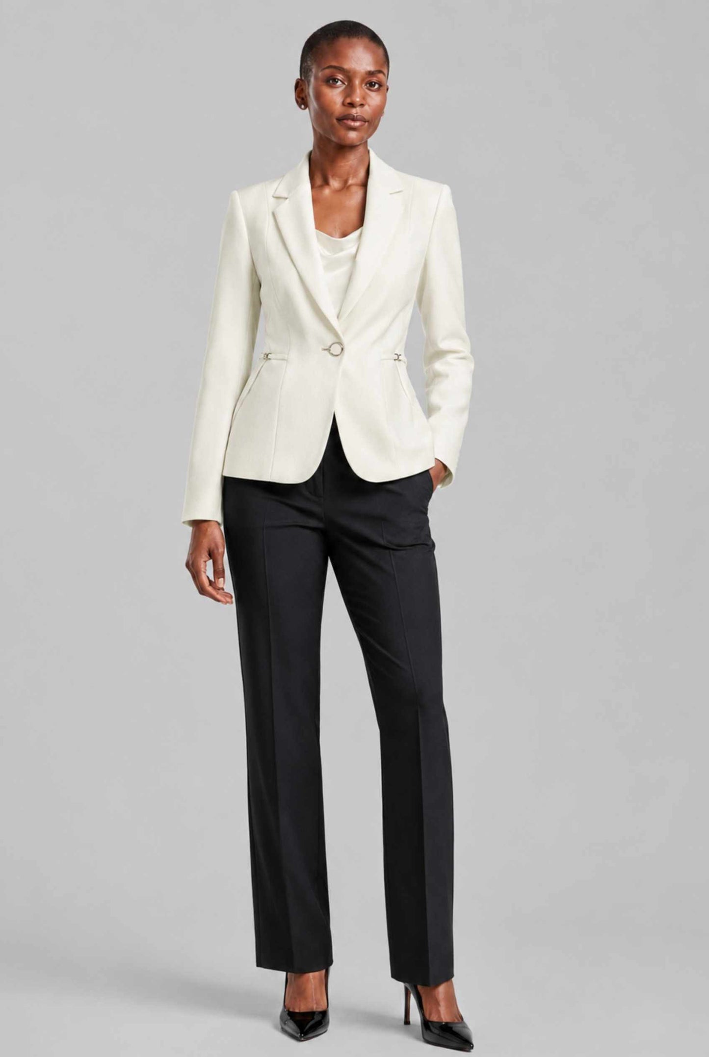 Virtual Model wearing The Victoria Tailored Blazer Slim-Fit Single-Button Off White Tailored Blazer