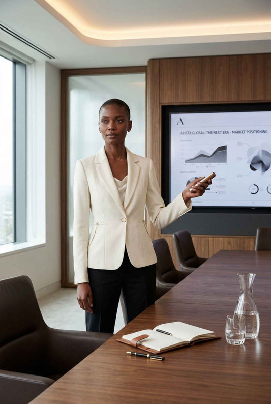 Virtual Model wearing The Victoria Tailored Blazer Slim-Fit Single-Button Off White Tailored Blazer