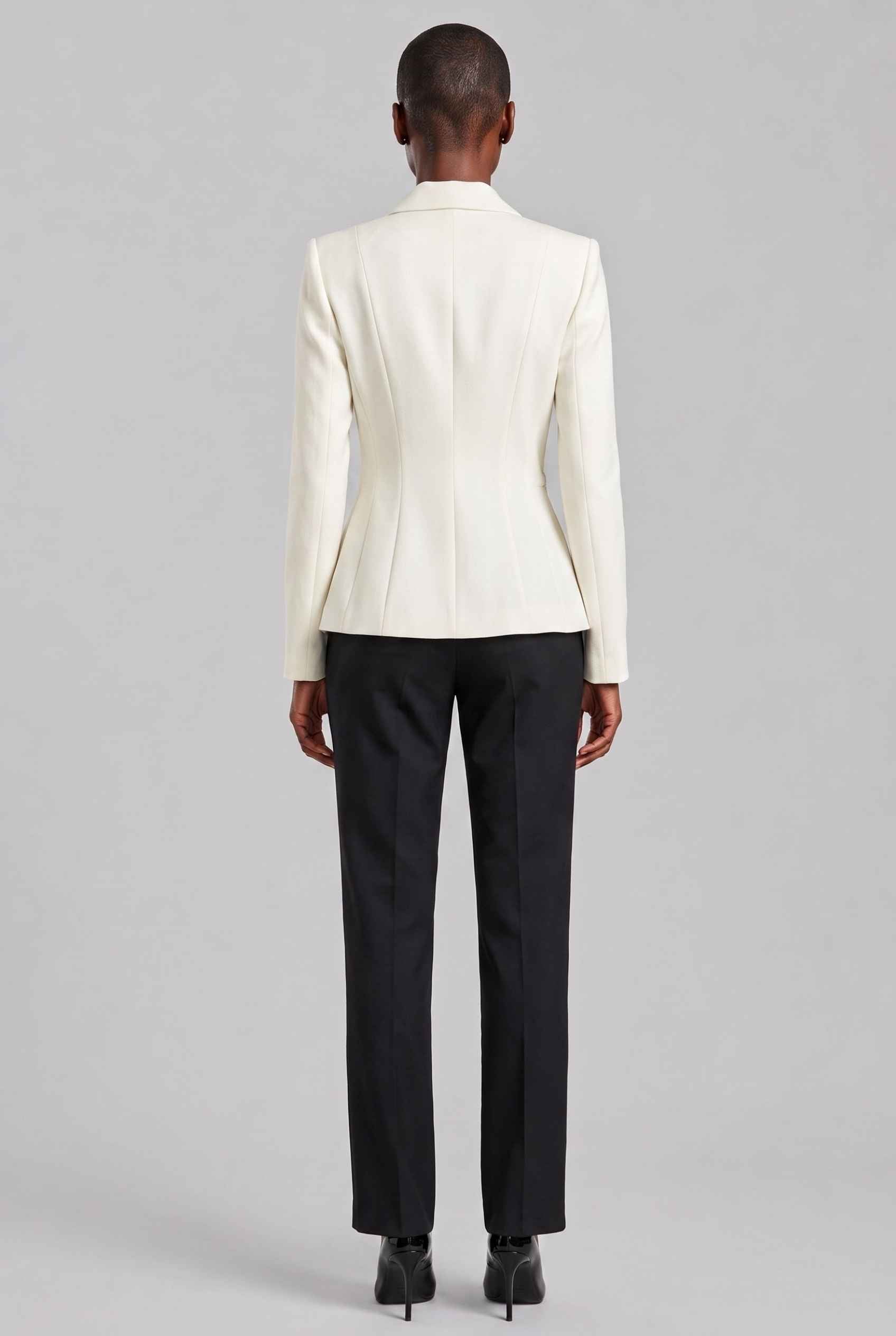 Virtual Model wearing The Victoria Tailored Blazer Slim-Fit Single-Button Off White Tailored Blazer