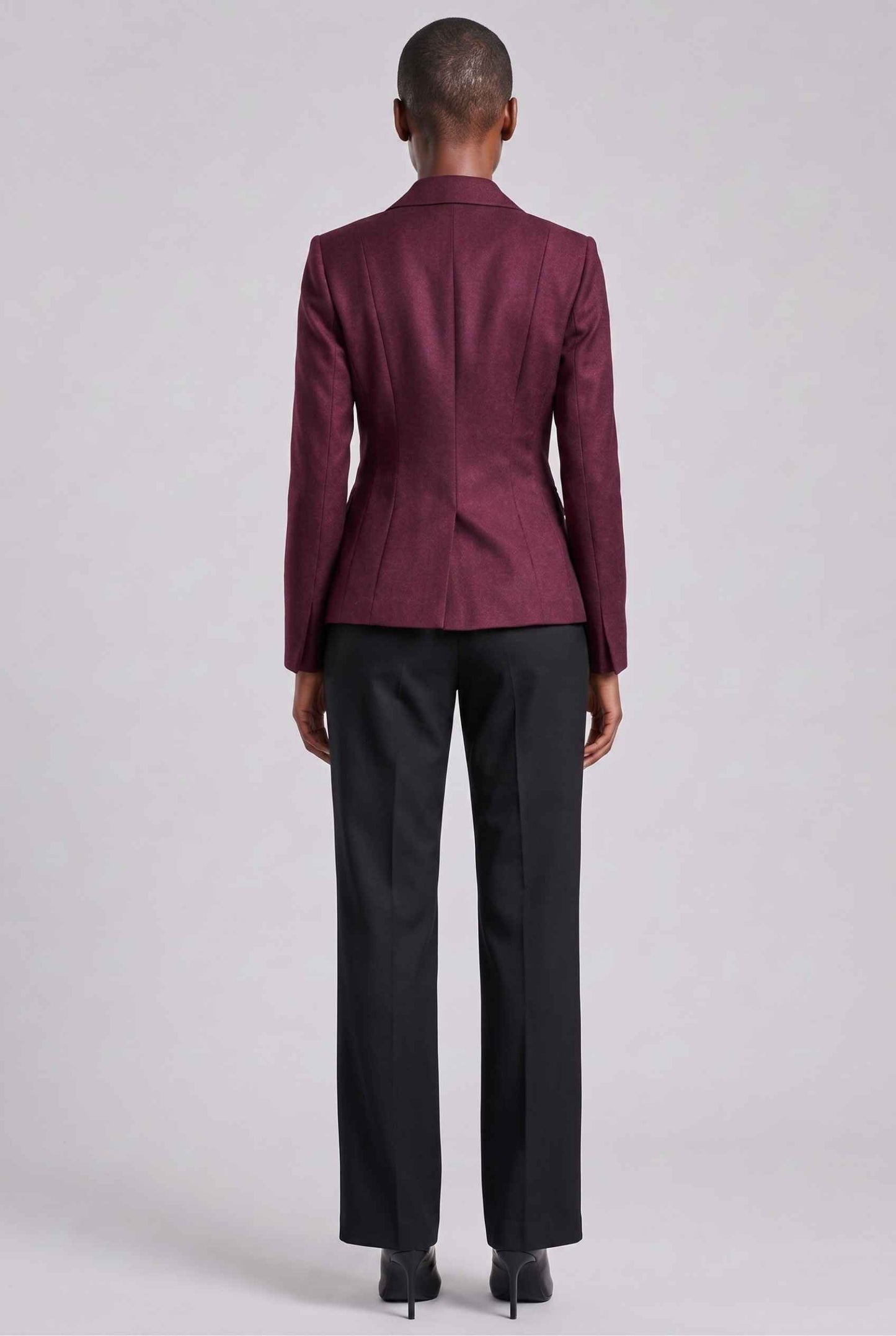 Virtual Model wearing The Victoria Tailored Blazer Slim-Fit Single-Button Wine Tailored Blazer