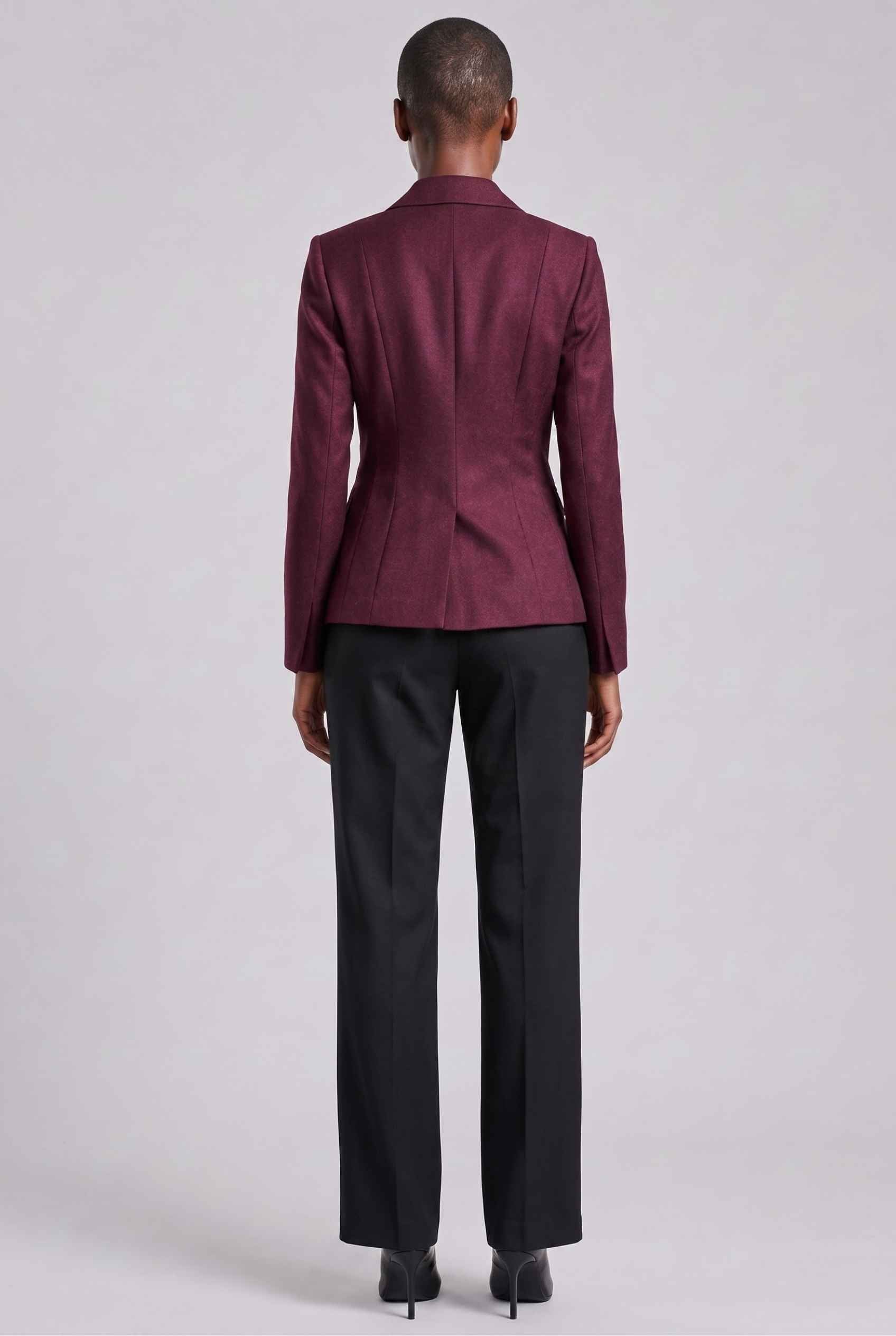 Virtual Model wearing The Victoria Tailored Blazer Slim-Fit Single-Button Wine Tailored Blazer