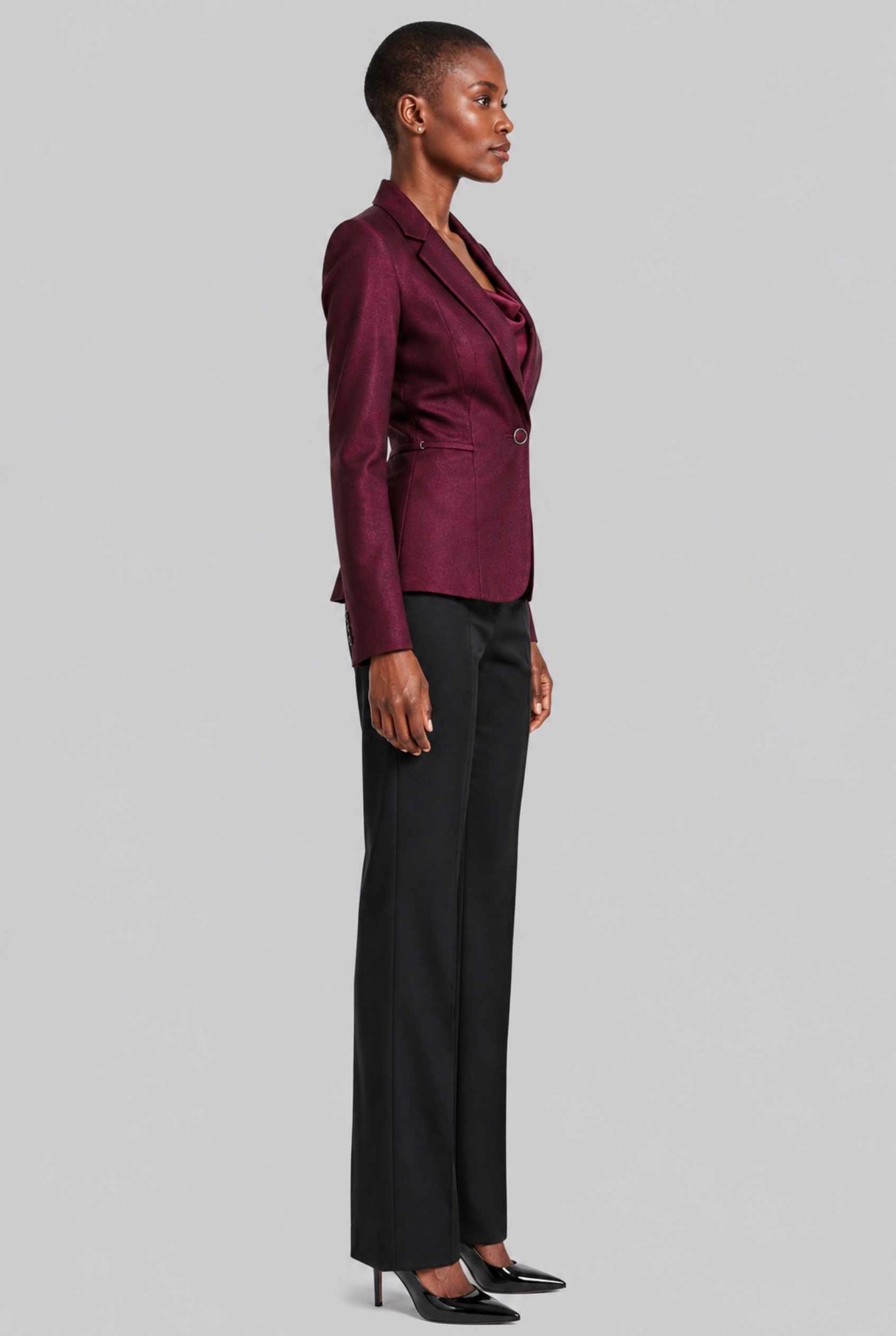 Virtual Model wearing The Victoria Tailored Blazer Slim-Fit Single-Button Wine Tailored Blazer