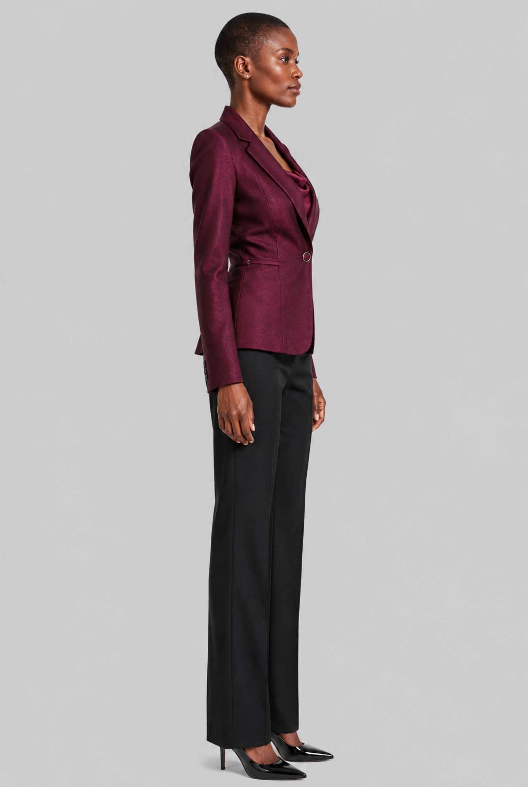 Virtual Model wearing The Victoria Tailored Blazer Slim-Fit Single-Button Wine Tailored Blazer