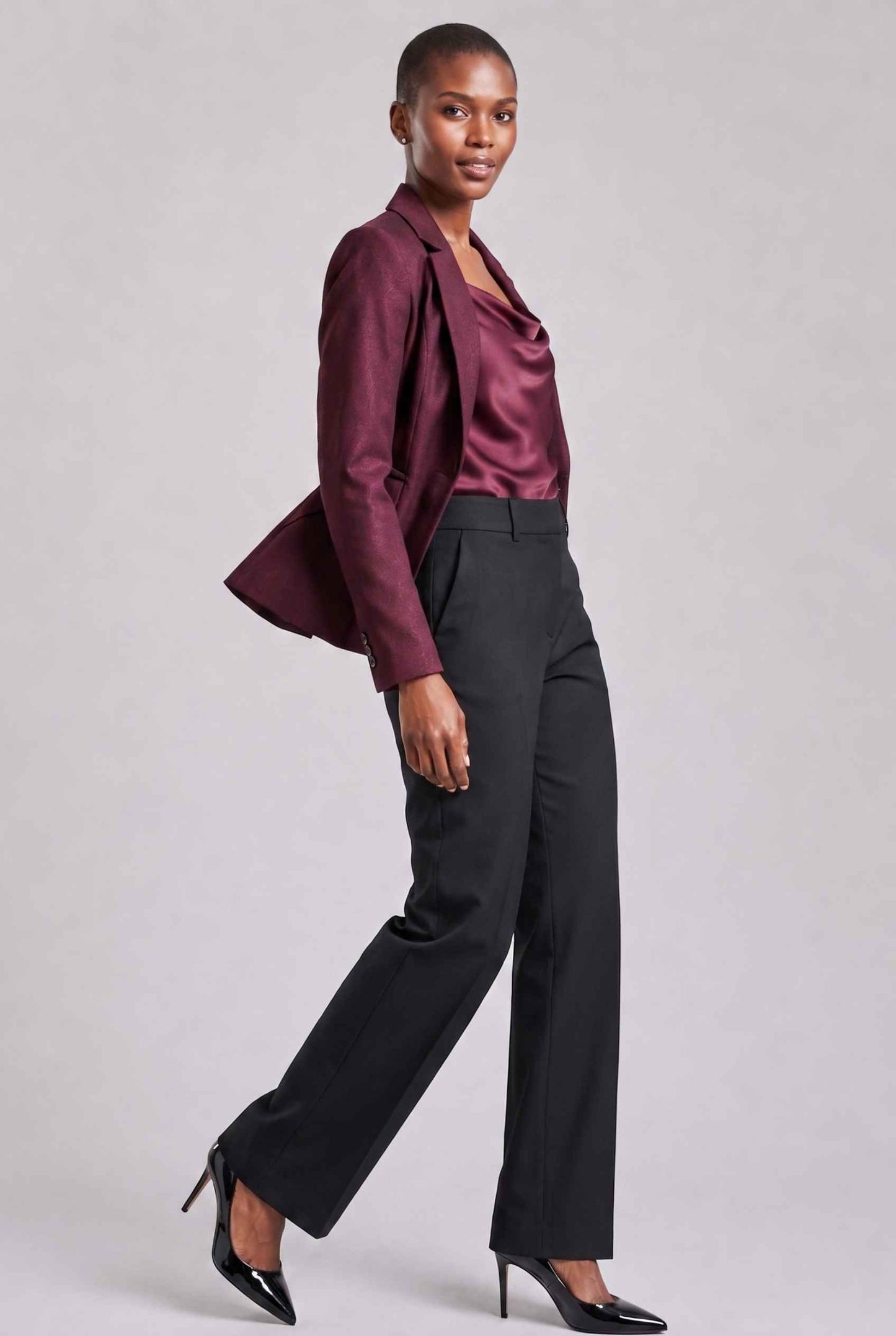Virtual Model wearing The Victoria Tailored Blazer Slim-Fit Single-Button Wine Tailored Blazer