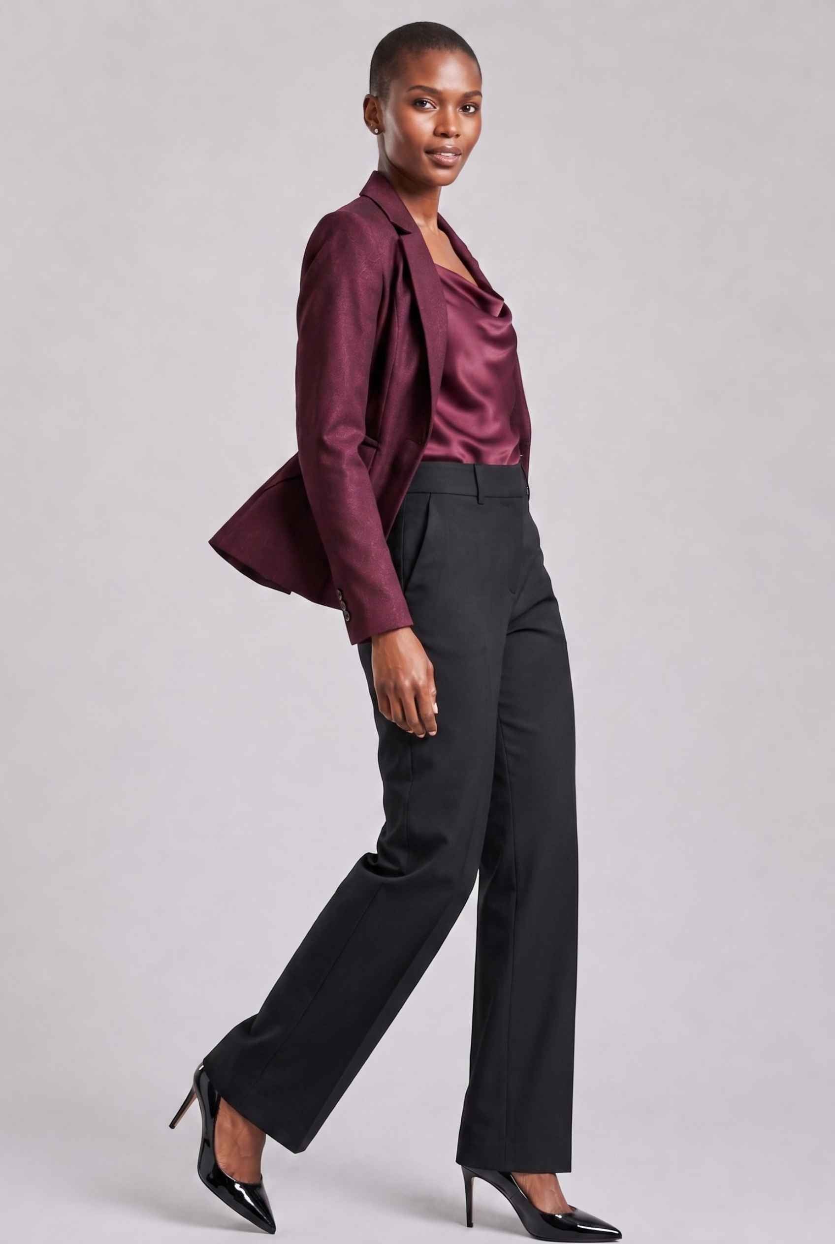 Virtual Model wearing The Victoria Tailored Blazer Slim-Fit Single-Button Wine Tailored Blazer