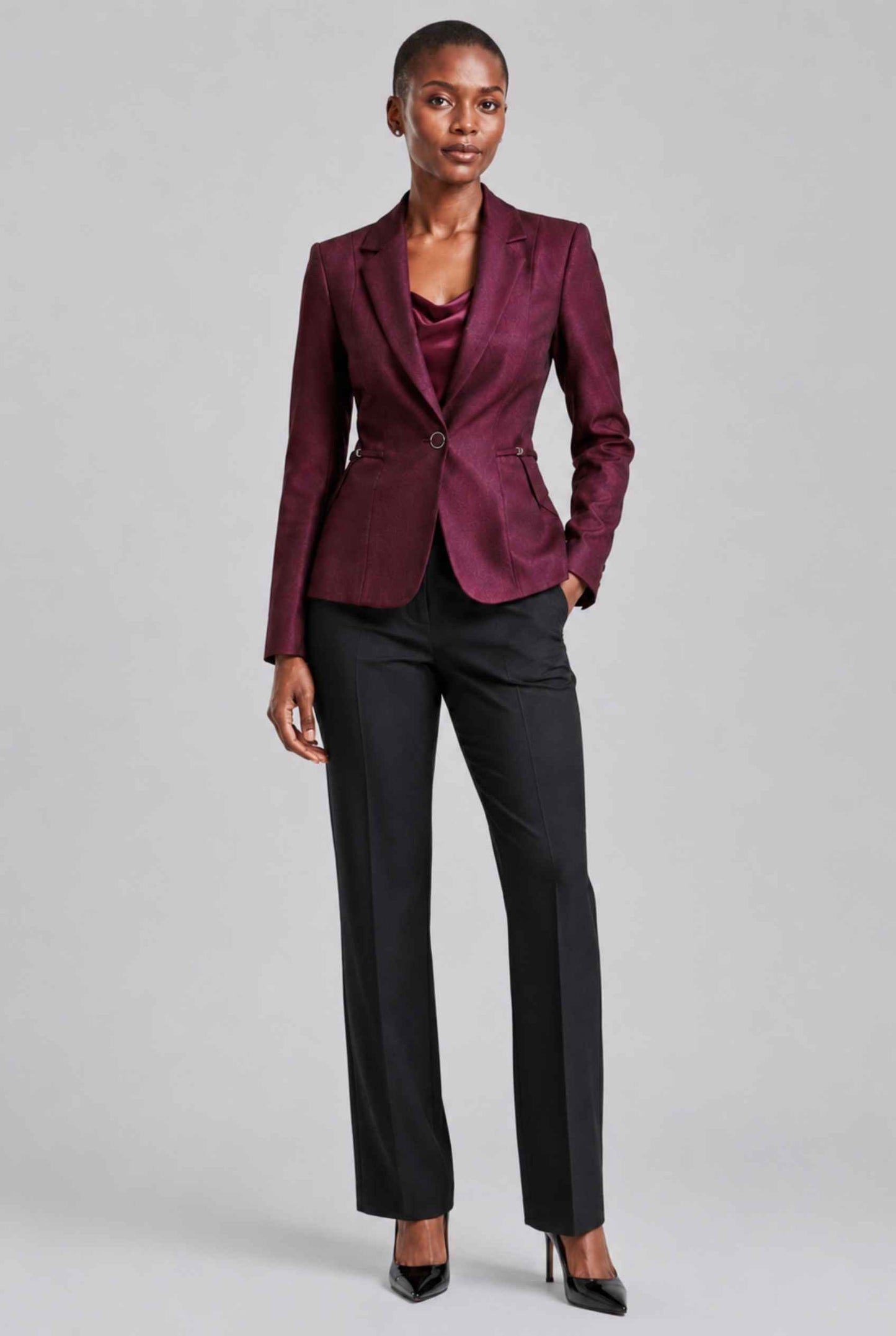 Virtual Model wearing The Victoria Tailored Blazer Slim-Fit Single-Button Wine Tailored Blazer