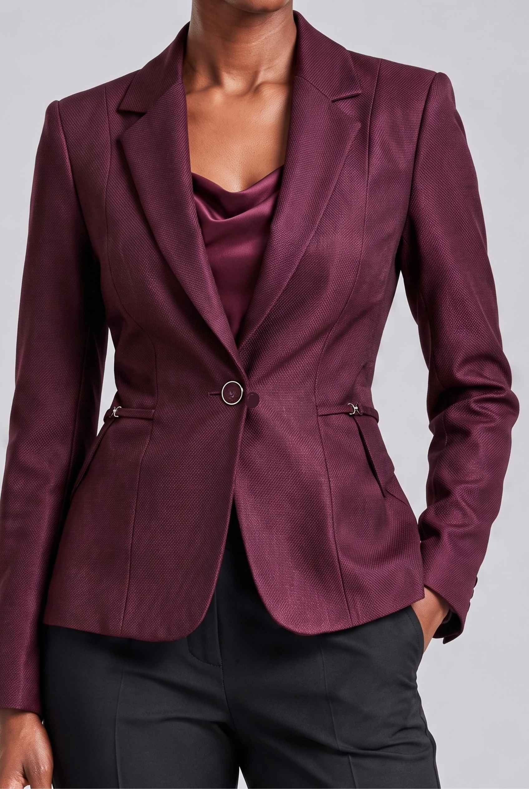Virtual Model wearing The Victoria Tailored Blazer Slim-Fit Single-Button Wine Tailored Blazer