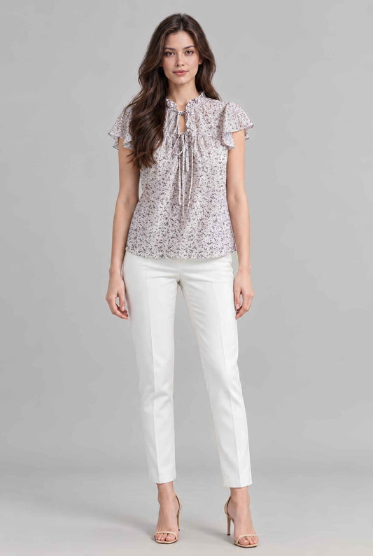 Virtual model wearing The Vienna Ruffled Blouse Flutter Sleeve Lavender Floral Blouse