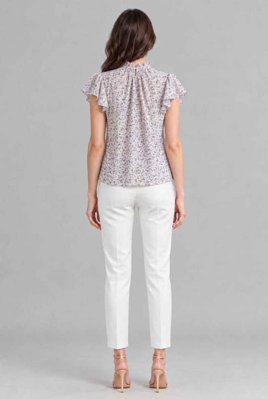 Virtual model wearing The Vienna Ruffled Blouse Flutter Sleeve Lavender Floral Blouse