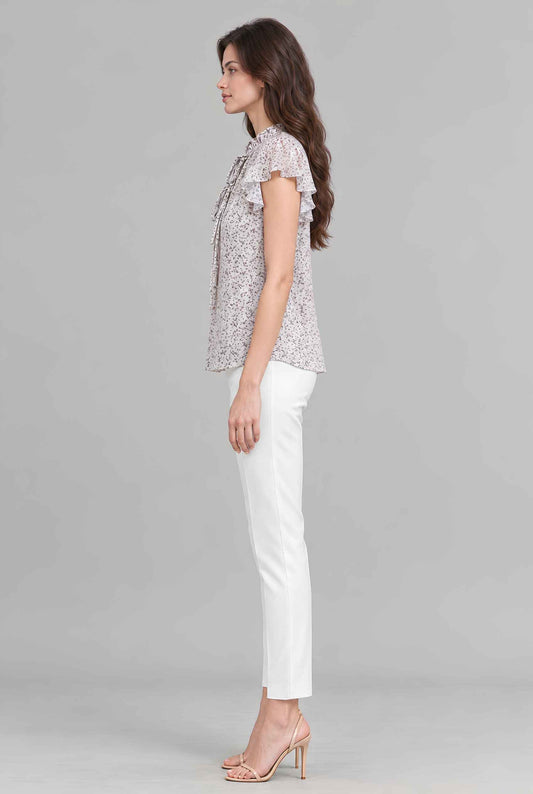 Virtual model wearing The Vienna Ruffled Blouse Flutter Sleeve Lavender Floral Blouse