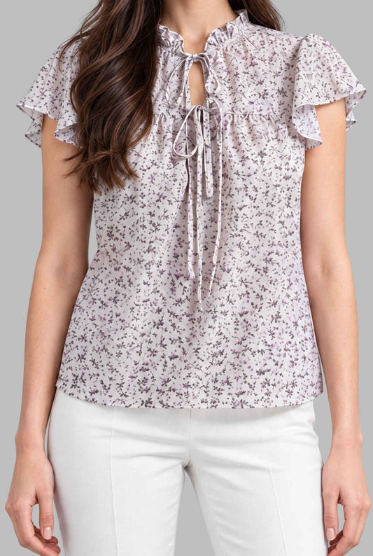 Virtual model wearing The Vienna Ruffled Blouse Flutter Sleeve Lavender Floral Blouse