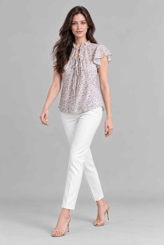 Virtual model wearing The Vienna Ruffled Blouse Flutter Sleeve Lavender Floral Blouse