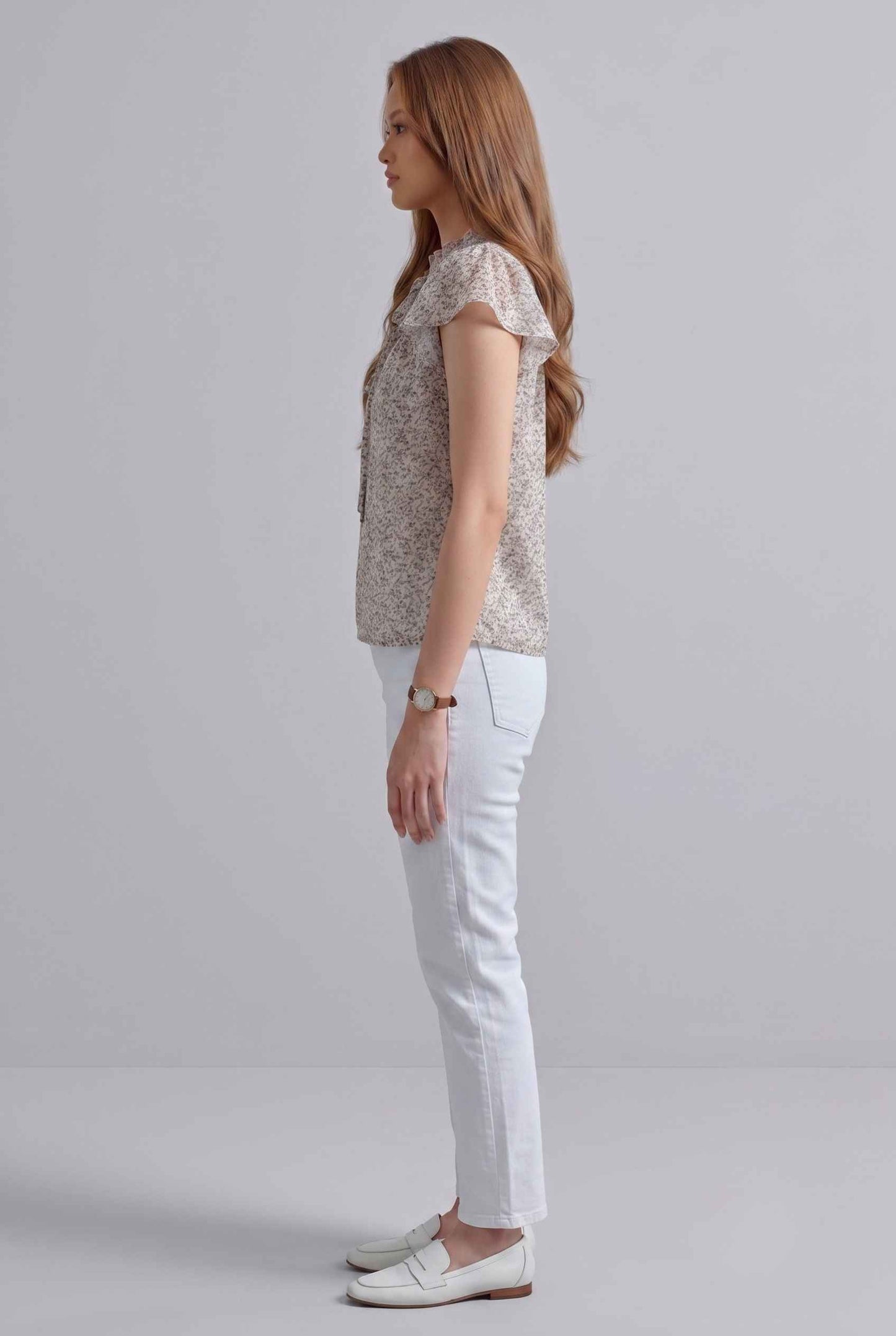 Virtual Model wearing The Vienna Ruffled Blouse Flutter Sleeve Lavender Floral Blouse