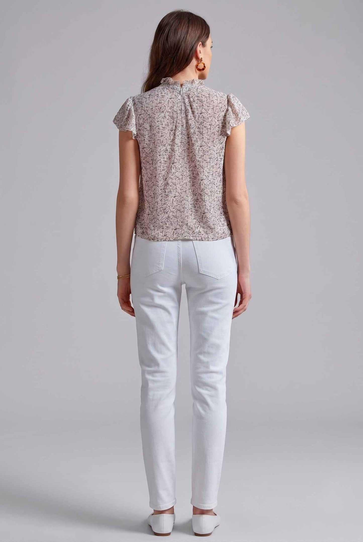 Virtual Model wearing The Vienna Ruffled Blouse Flutter Sleeve Lavender Floral Blouse
