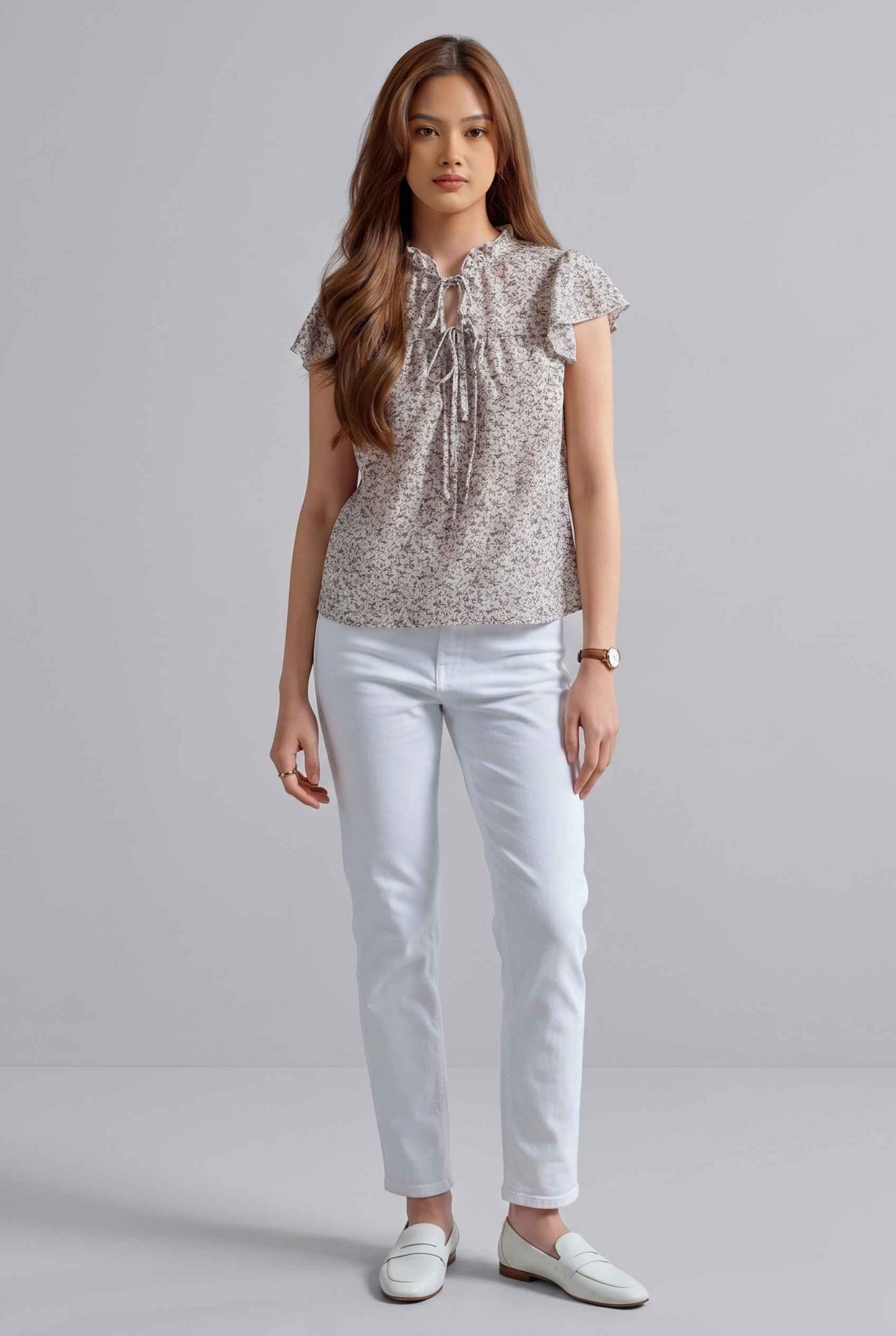 Virtual Model wearing The Vienna Ruffled Blouse Flutter Sleeve Lavender Floral Blouse