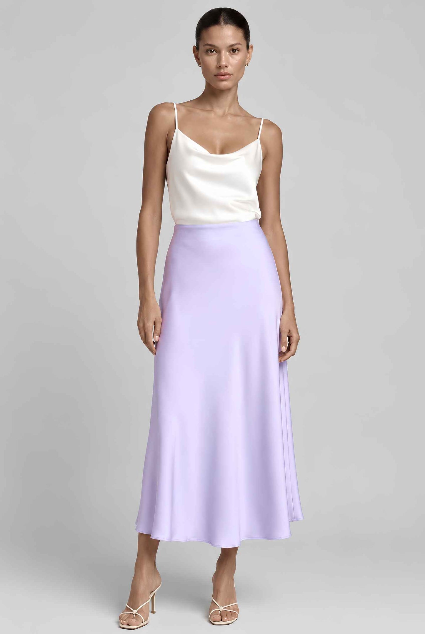 Virtual model wearing The Viola Satin Skirt Lustrous Satin Mermaid-Silhouette Midi Skirt in Lavender