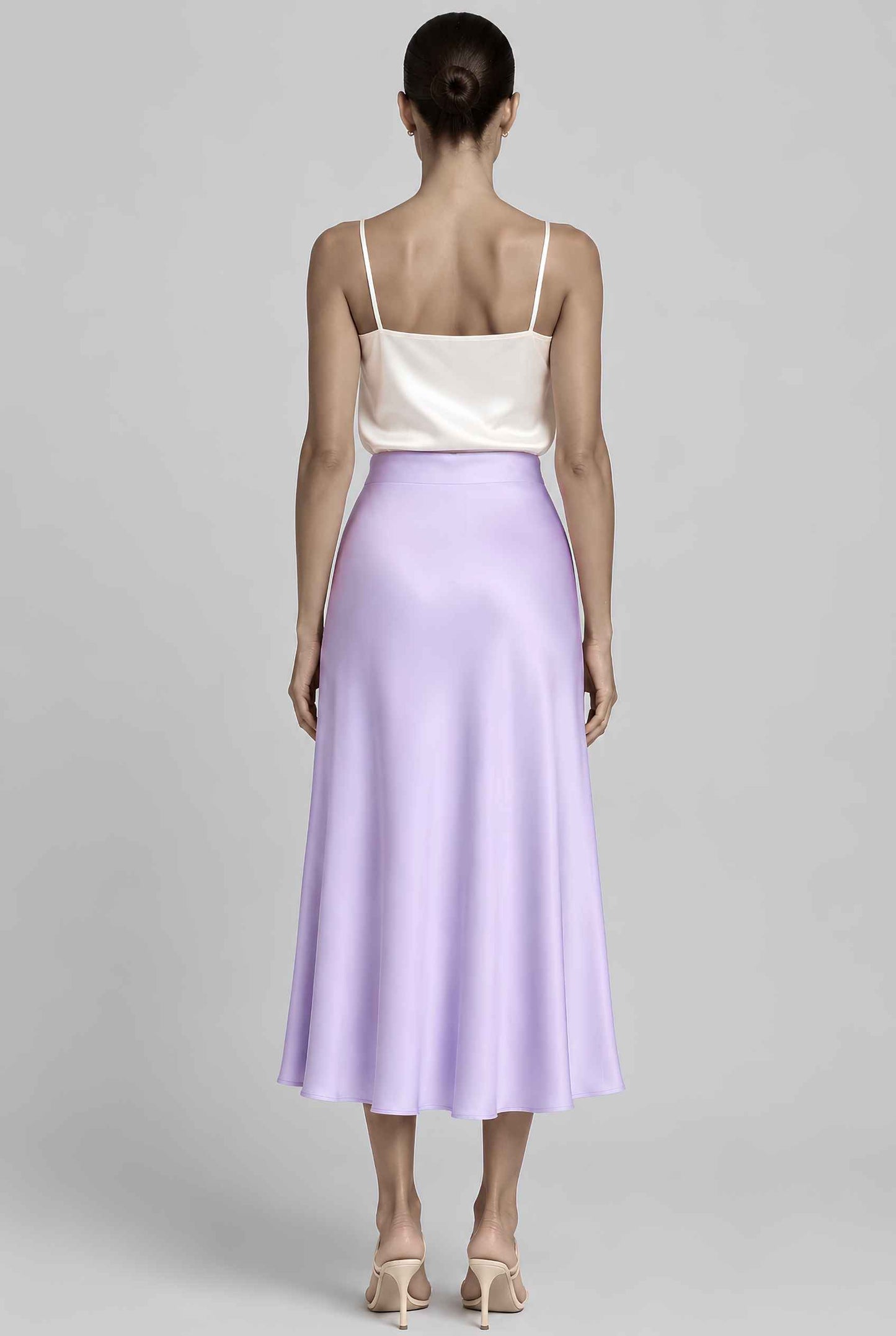 Virtual model wearing The Viola Satin Skirt Lustrous Satin Mermaid-Silhouette Midi Skirt in Lavender