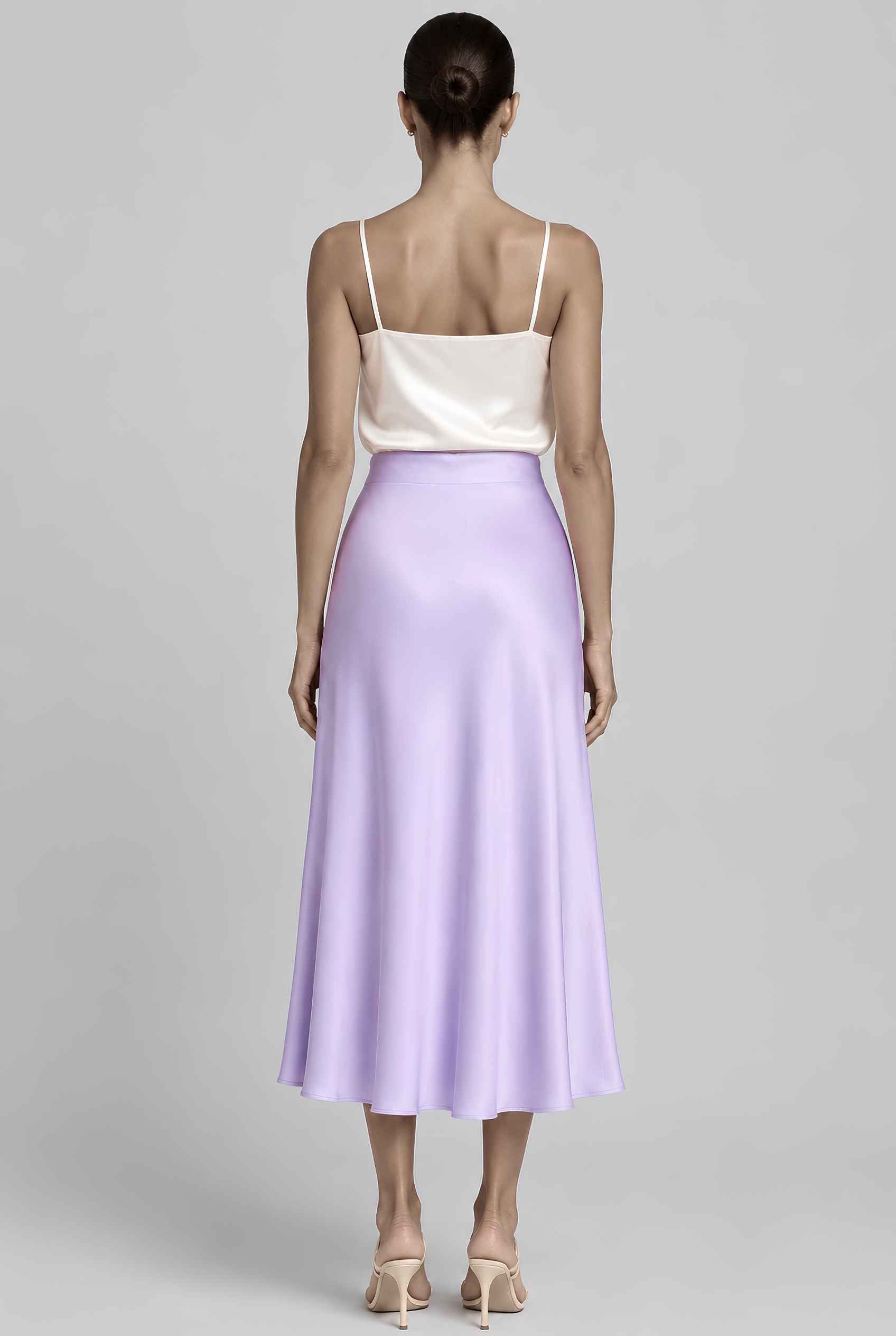 Virtual model wearing The Viola Satin Skirt Lustrous Satin Mermaid-Silhouette Midi Skirt in Lavender