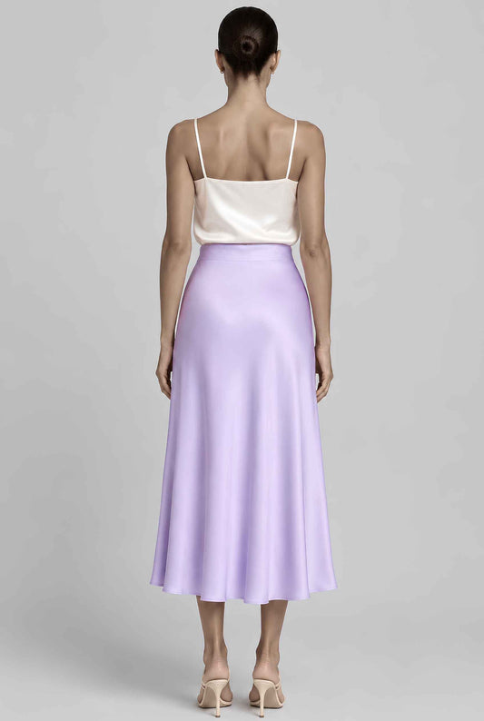 Virtual model wearing The Viola Satin Skirt Lustrous Satin Mermaid-Silhouette Midi Skirt in Lavender