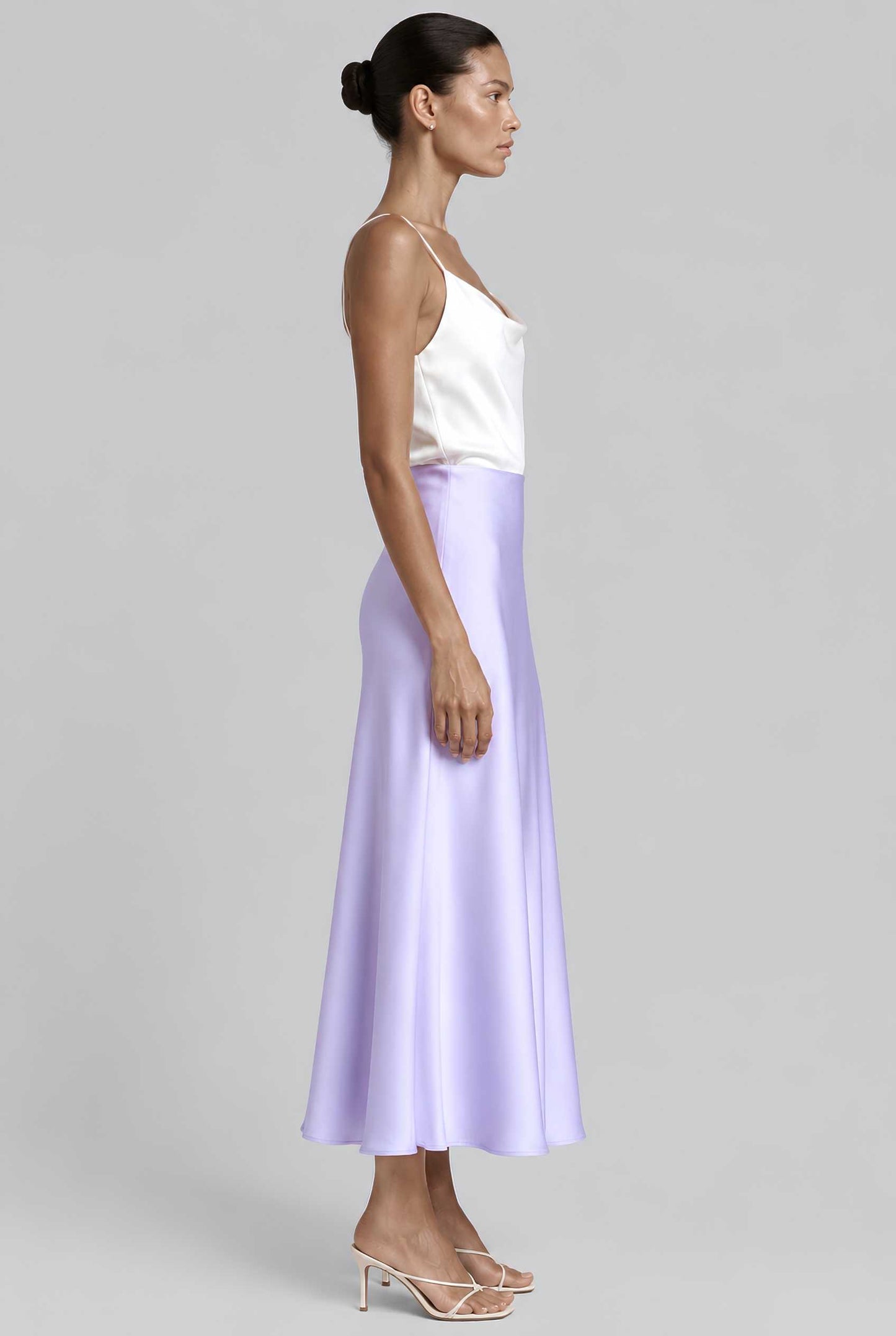 Virtual model wearing The Viola Satin Skirt Lustrous Satin Mermaid-Silhouette Midi Skirt in Lavender