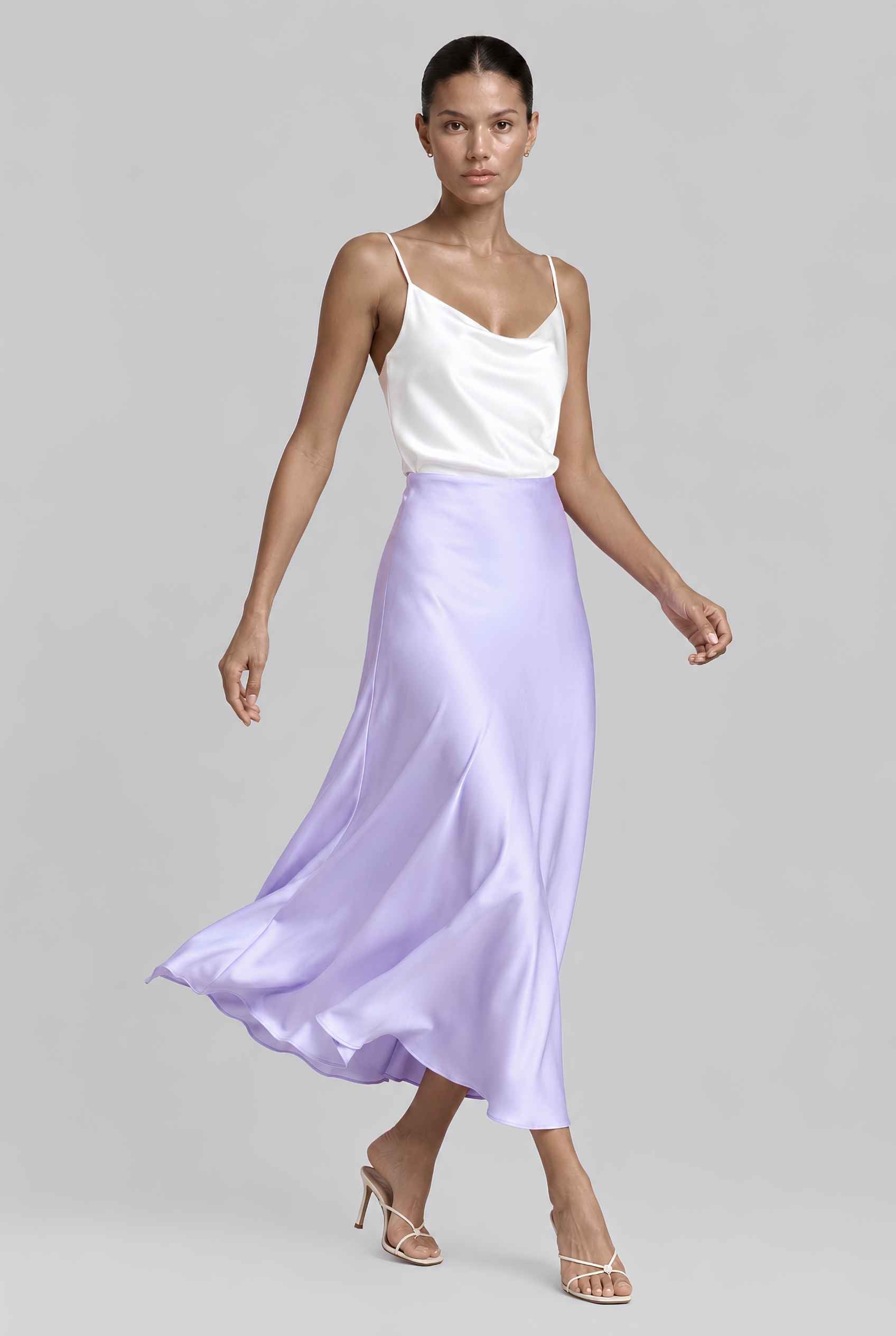 Virtual model wearing The Viola Satin Skirt Lustrous Satin Mermaid-Silhouette Midi Skirt in Lavender