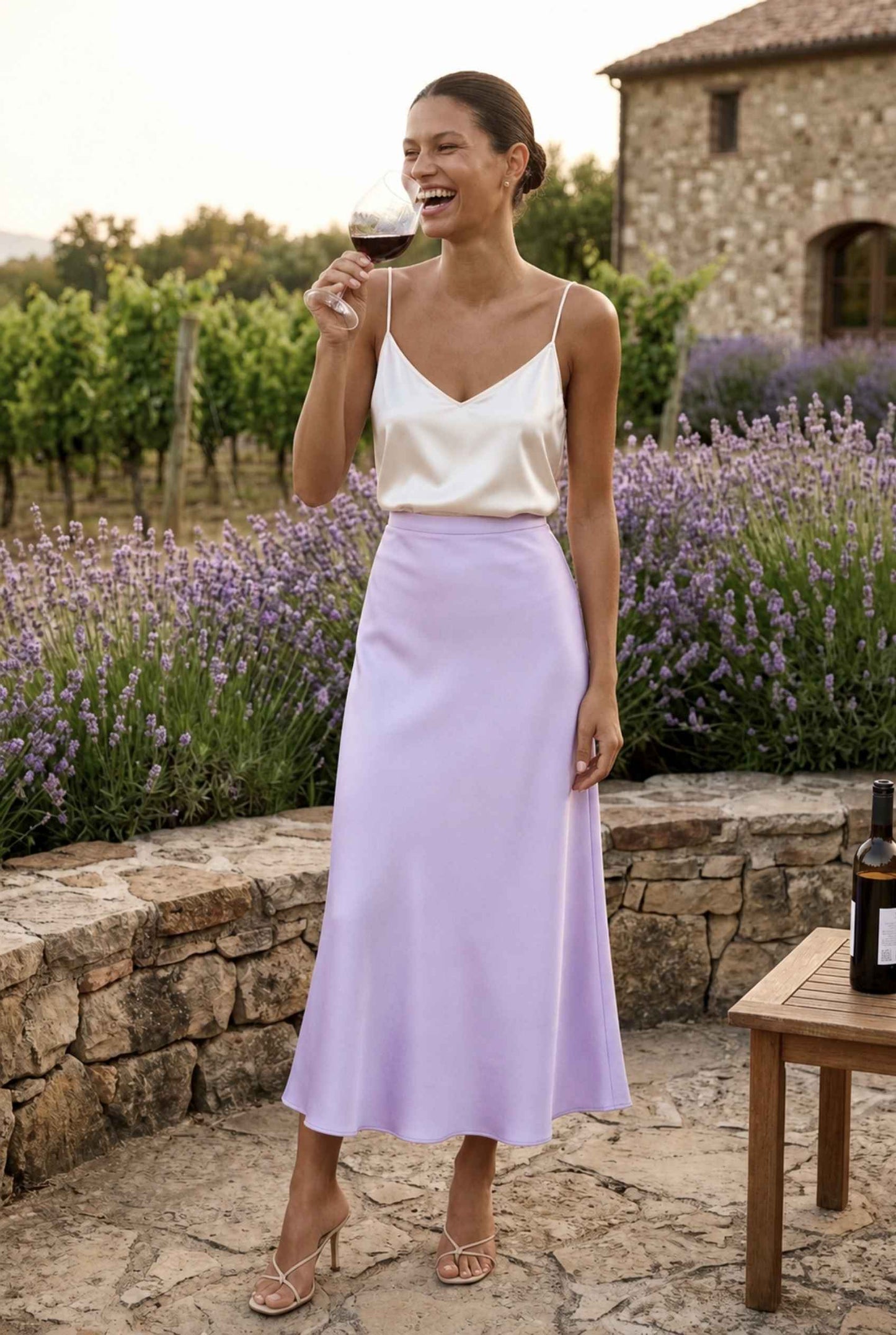 Virtual model wearing The Viola Satin Skirt Lustrous Satin Mermaid-Silhouette Midi Skirt in Lavender
