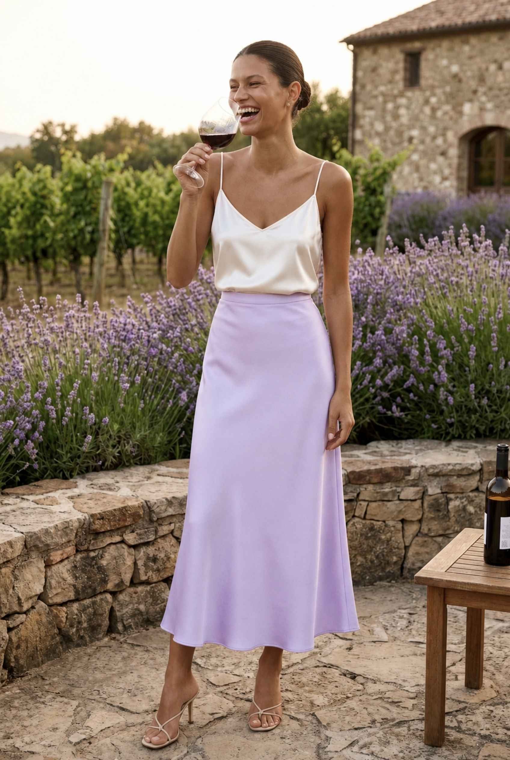 Virtual model wearing The Viola Satin Skirt Lustrous Satin Mermaid-Silhouette Midi Skirt in Lavender