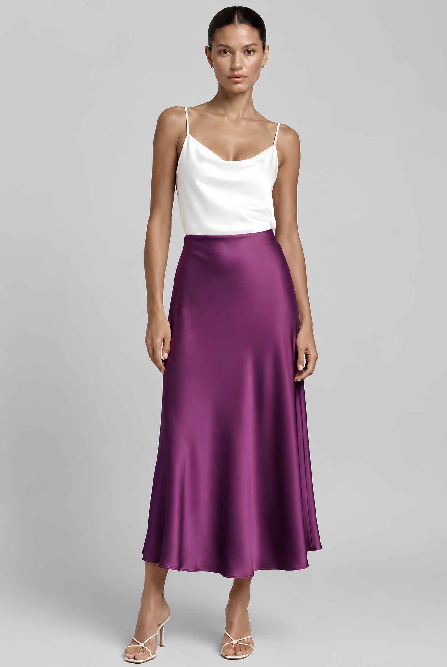 Virtual model wearing The Viola Satin Skirt Lustrous Satin Mermaid-Silhouette Midi Skirt in Lilac