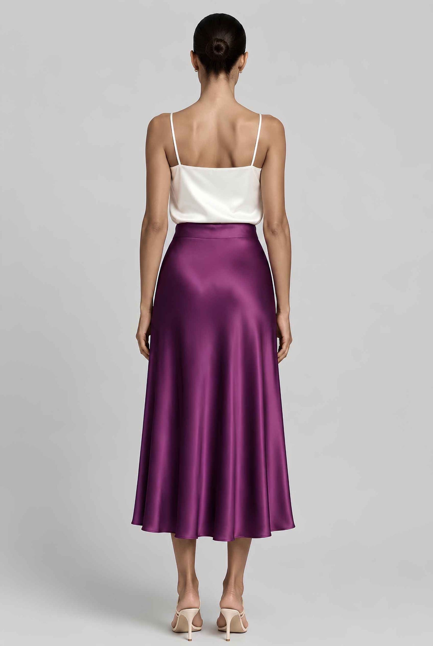 Virtual model wearing The Viola Satin Skirt Lustrous Satin Mermaid-Silhouette Midi Skirt in Lilac