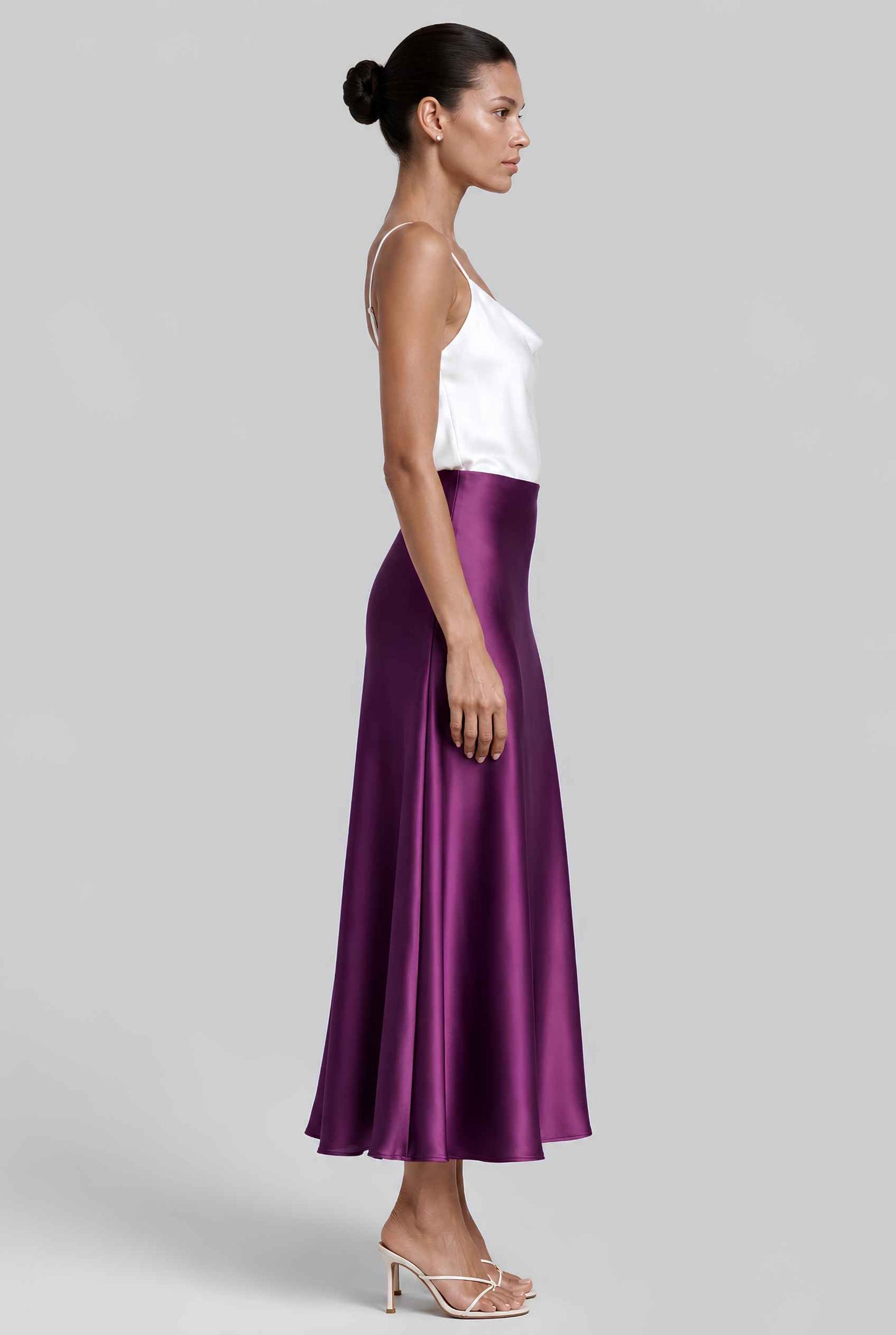 Virtual model wearing The Viola Satin Skirt Lustrous Satin Mermaid-Silhouette Midi Skirt in Lilac