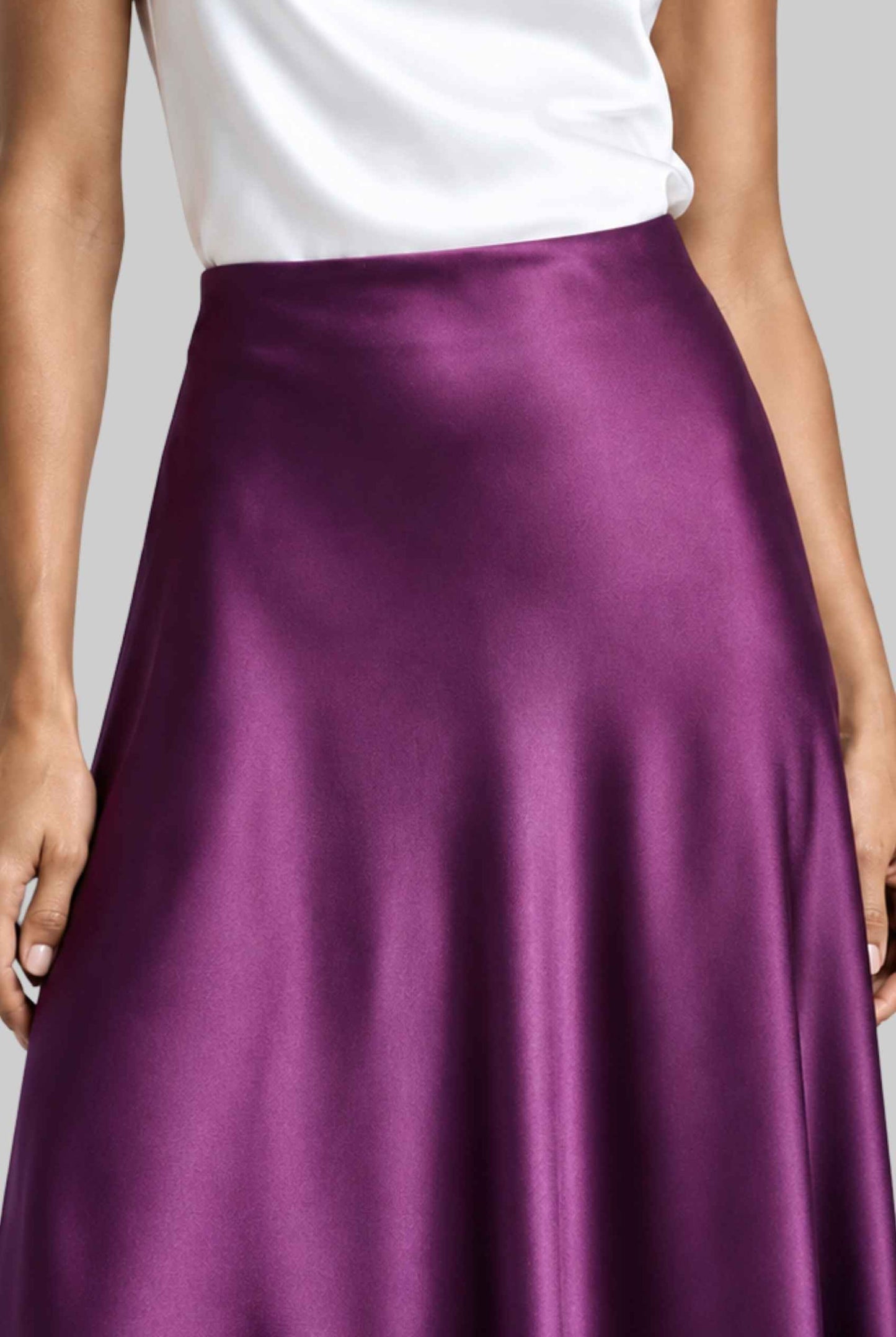 Virtual model wearing The Viola Satin Skirt Lustrous Satin Mermaid-Silhouette Midi Skirt in Lilac