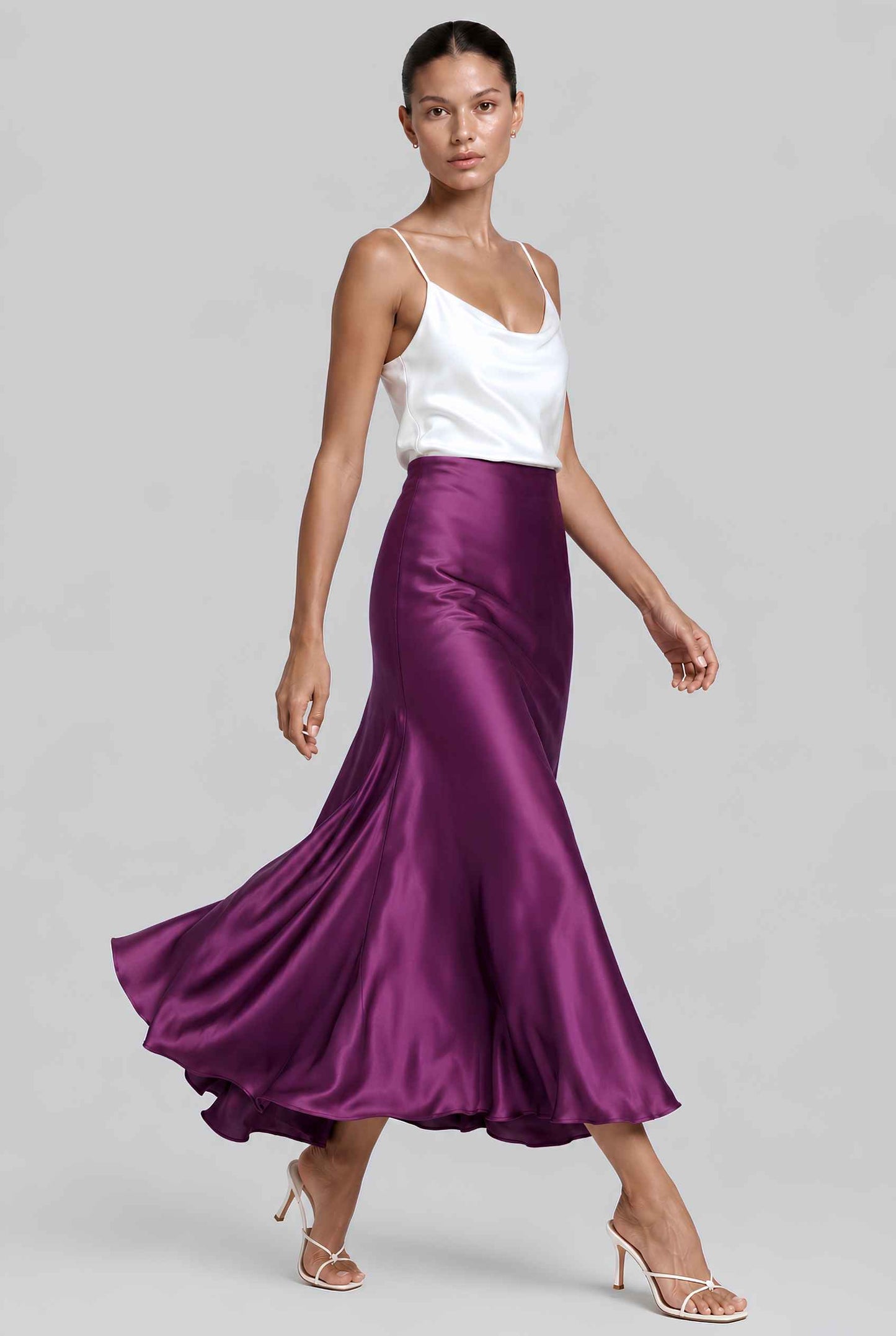 Virtual model wearing The Viola Satin Skirt Lustrous Satin Mermaid-Silhouette Midi Skirt in Lilac