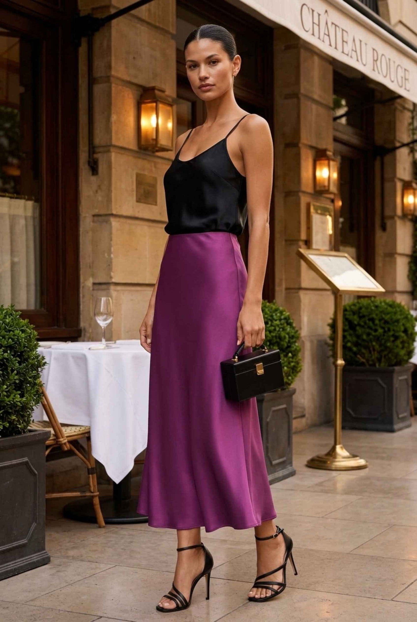Virtual model wearing The Viola Satin Skirt Lustrous Satin Mermaid-Silhouette Midi Skirt in Lilac