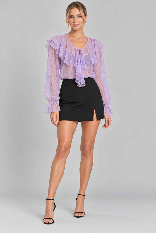 Virtual model wearing The Violet Floral Chiffon Blouse Purple Floral Ruffled Tied Blouse