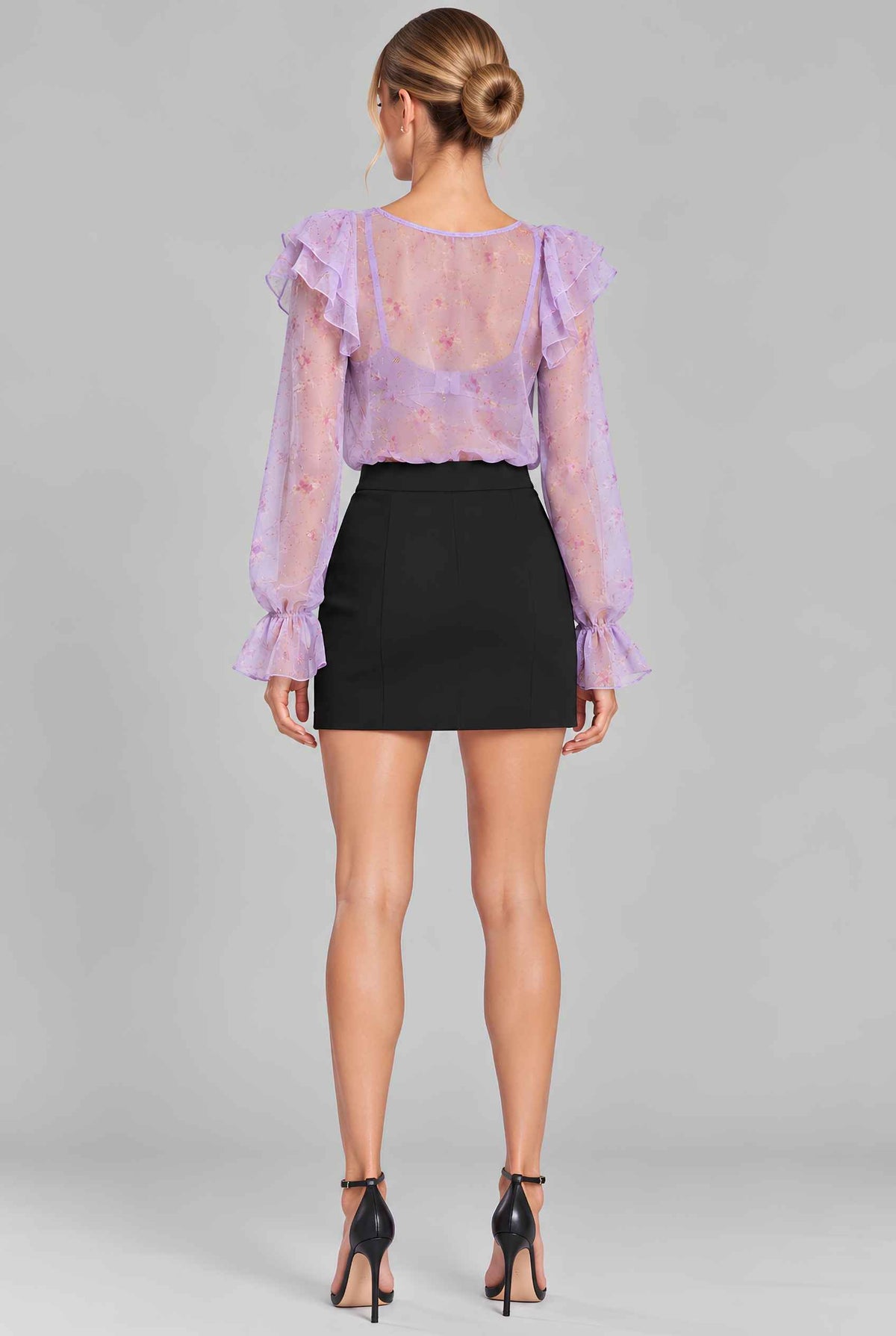 Virtual model wearing The Violet Floral Chiffon Blouse Purple Floral Ruffled Tied Blouse
