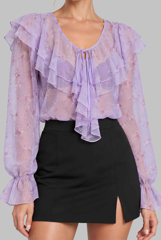Virtual model wearing The Violet Floral Chiffon Blouse Purple Floral Ruffled Tied Blouse