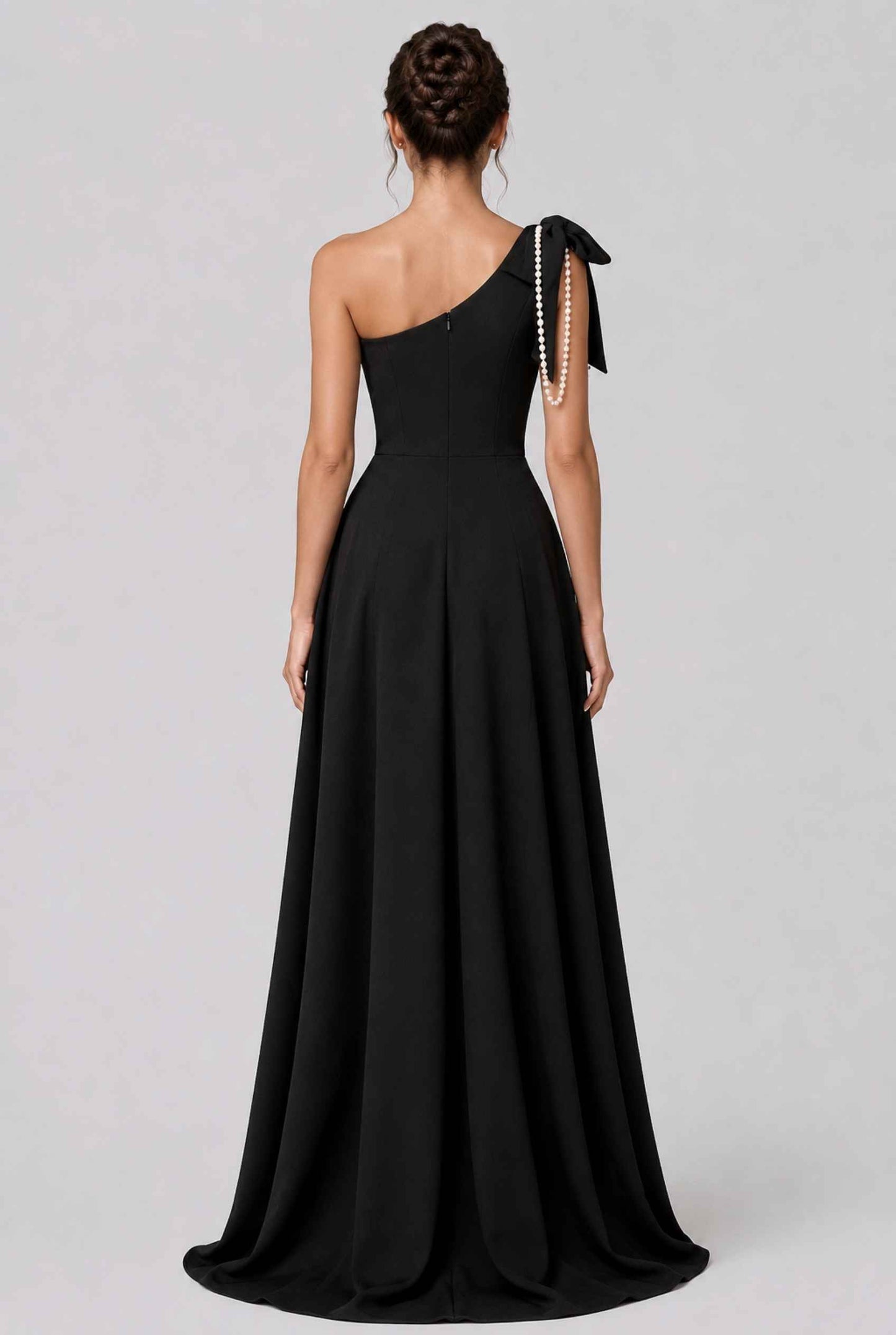Virtual model wearing The Violetta Pearl-Drape Dress One Shoulder Pearl Bow Gown in Black