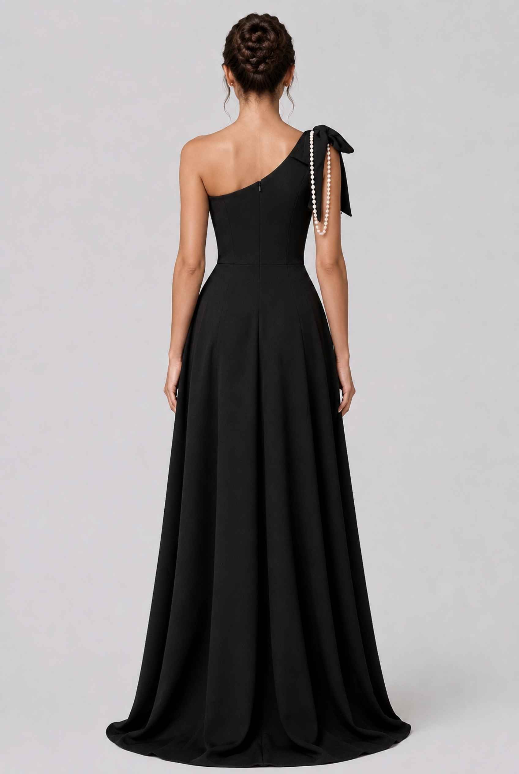 Virtual model wearing The Violetta Pearl-Drape Dress One Shoulder Pearl Bow Gown in Black