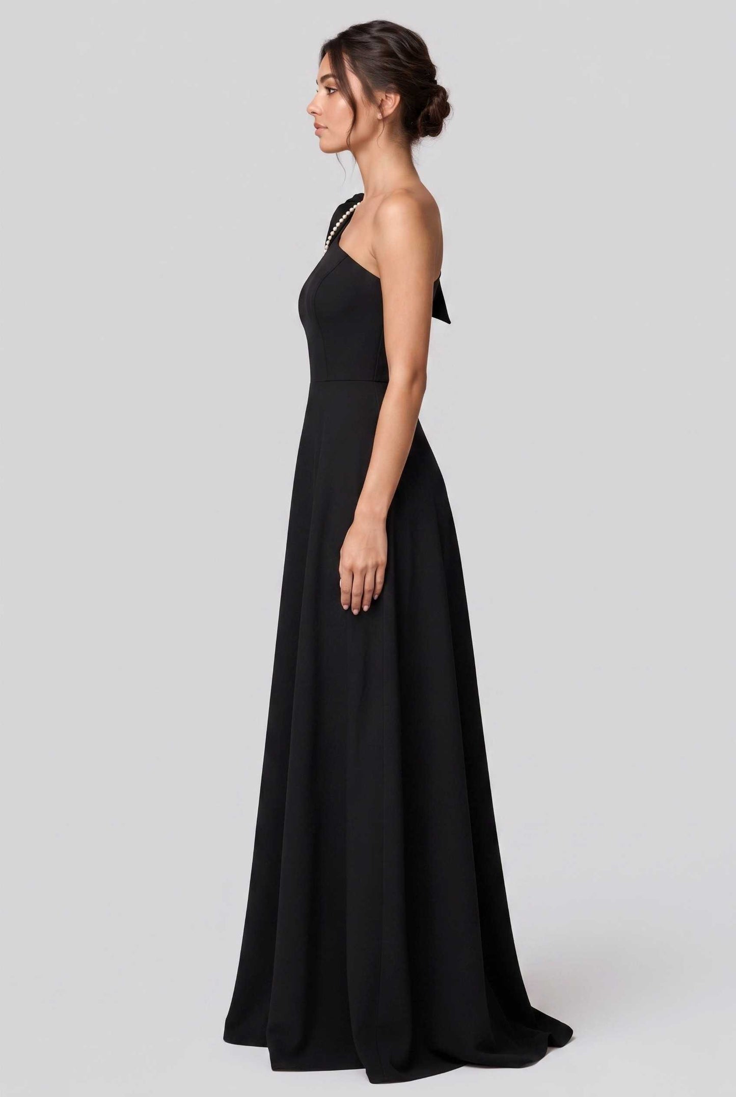 Virtual model wearing The Violetta Pearl-Drape Dress One Shoulder Pearl Bow Gown in Black