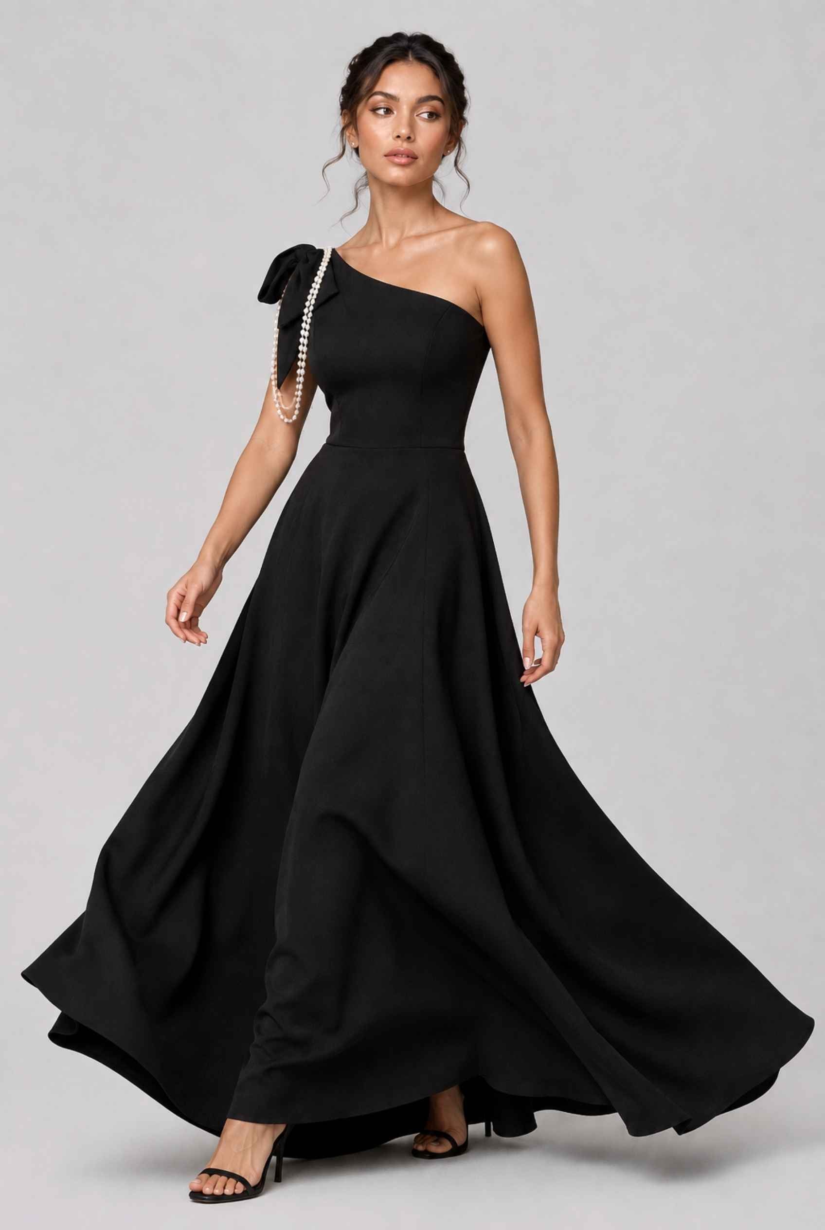 Virtual model wearing The Violetta Pearl-Drape Dress One Shoulder Pearl Bow Gown in Black