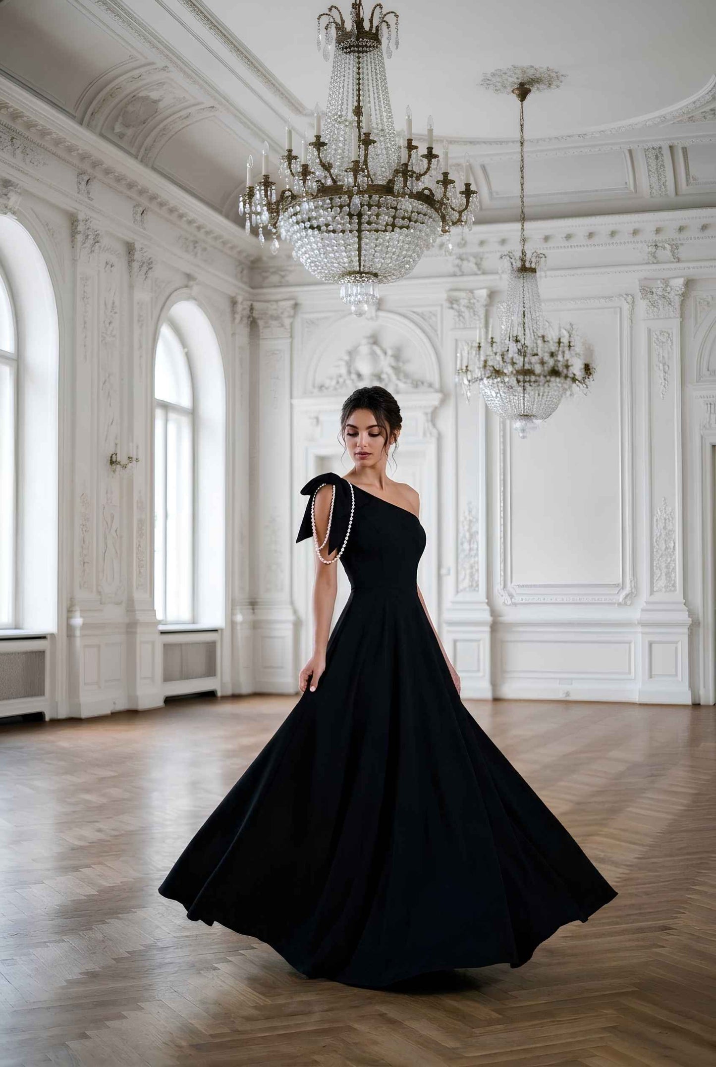 Virtual model wearing The Violetta Pearl-Drape Dress One Shoulder Pearl Bow Gown in Black