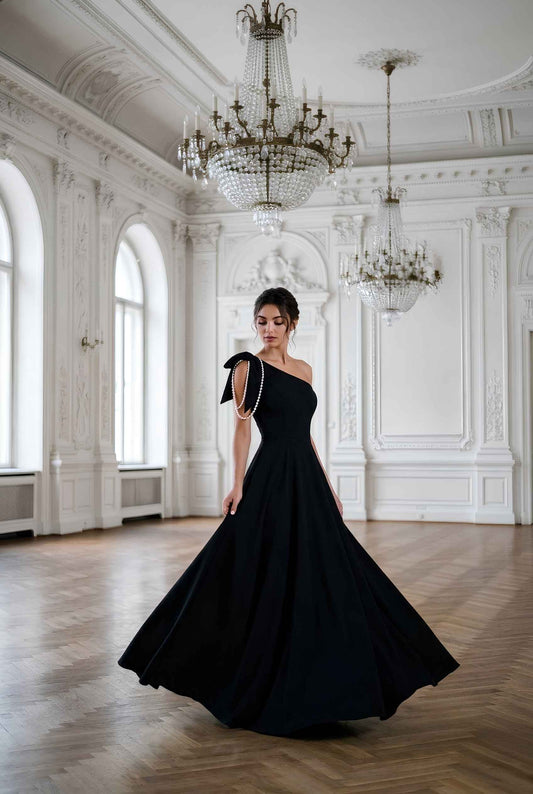 Virtual model wearing The Violetta Pearl-Drape Dress One Shoulder Pearl Bow Gown in Black