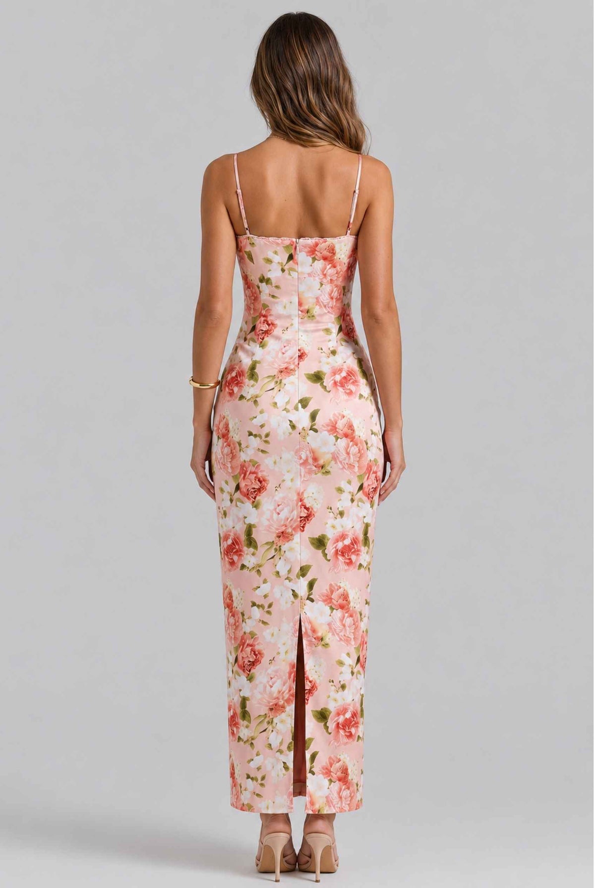 Virtual model wearing The Vivianna Satin Slip Dress Floral Bustier Long Dress in Pink