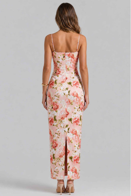 Virtual model wearing The Vivianna Satin Slip Dress Floral Bustier Long Dress in Pink