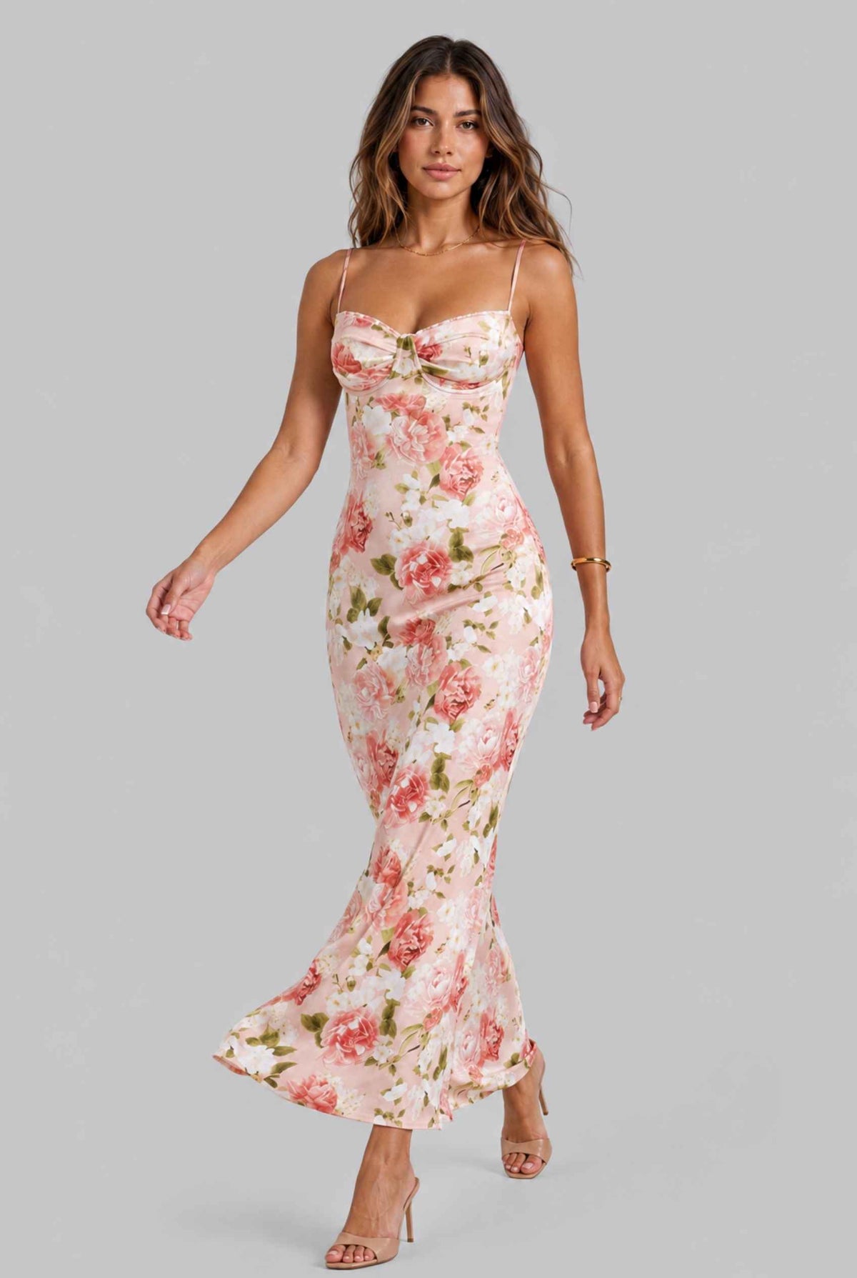 Virtual model wearing The Vivianna Satin Slip Dress Floral Bustier Long Dress in Pink