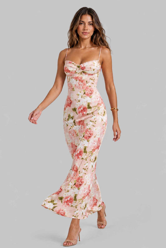 Virtual model wearing The Vivianna Satin Slip Dress Floral Bustier Long Dress in Pink