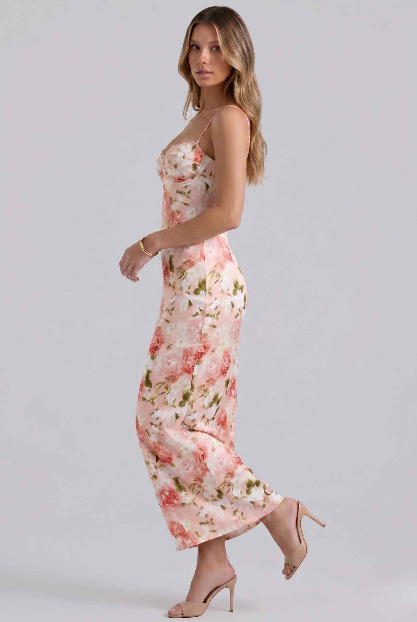 Virtual Model wearing The Vivianna Satin Slip Dress Floral Bustier Pink Long Dress