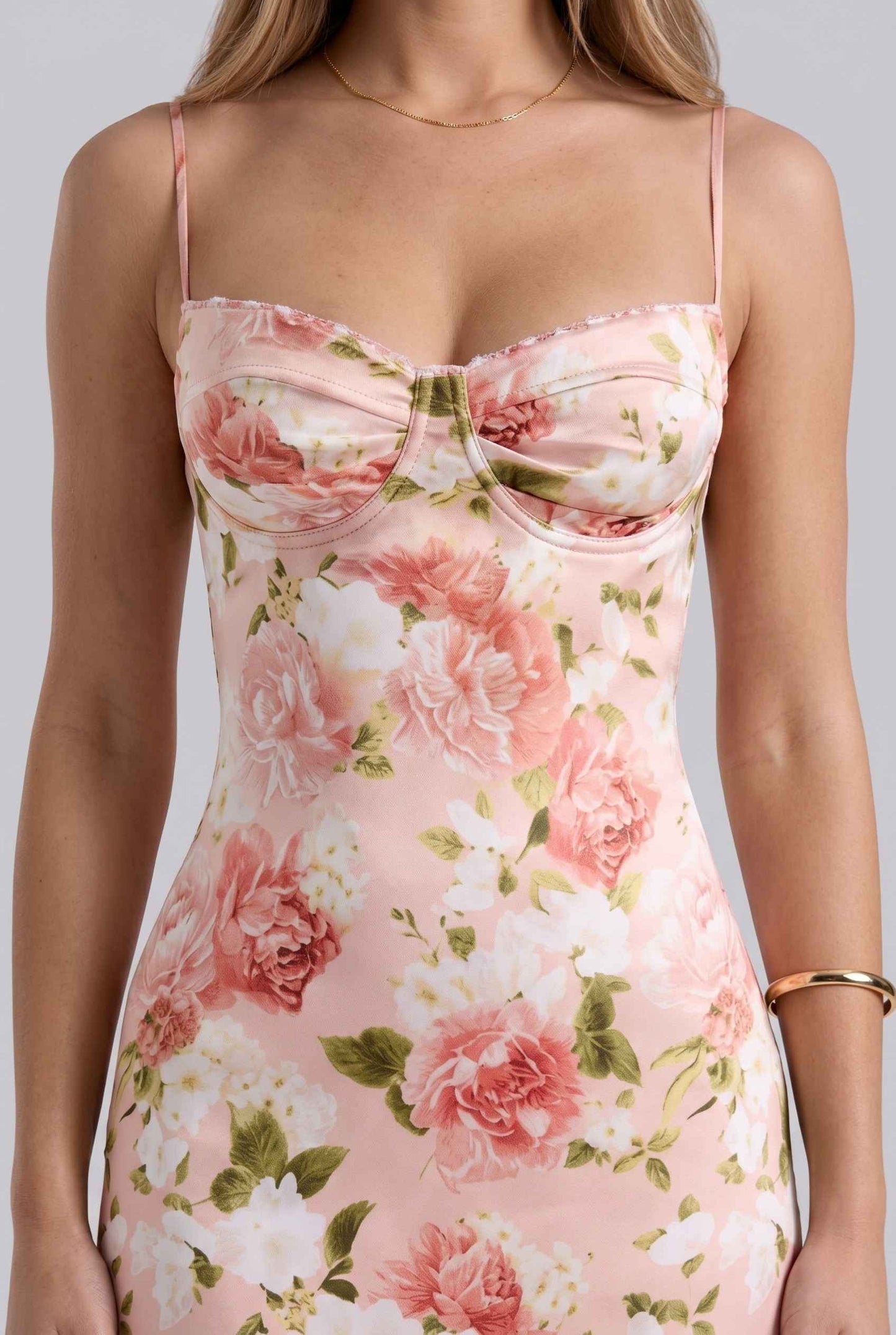 Virtual Model wearing The Vivianna Satin Slip Dress Floral Bustier Pink Long Dress